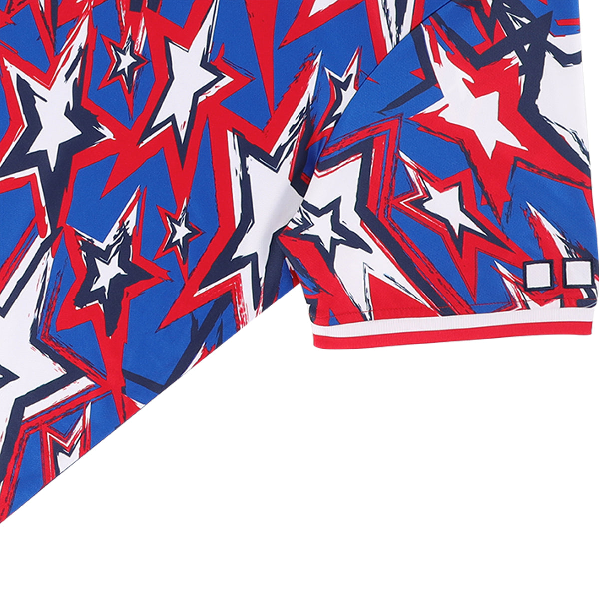 Sports jersey hem with blue, red, and white star pattern and red trim