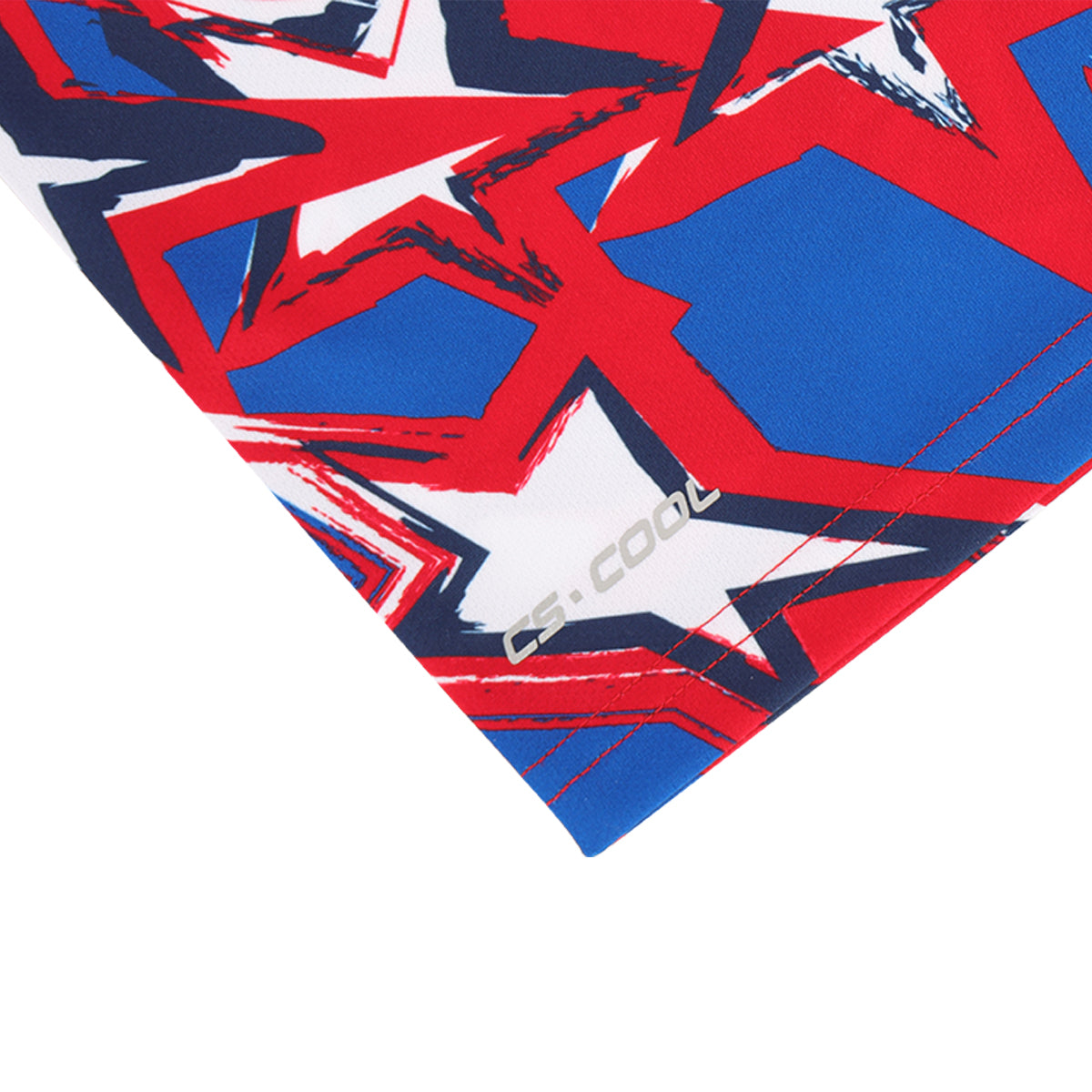 Jersey fabric close-up with red, blue, and white stars and G-COOL marking