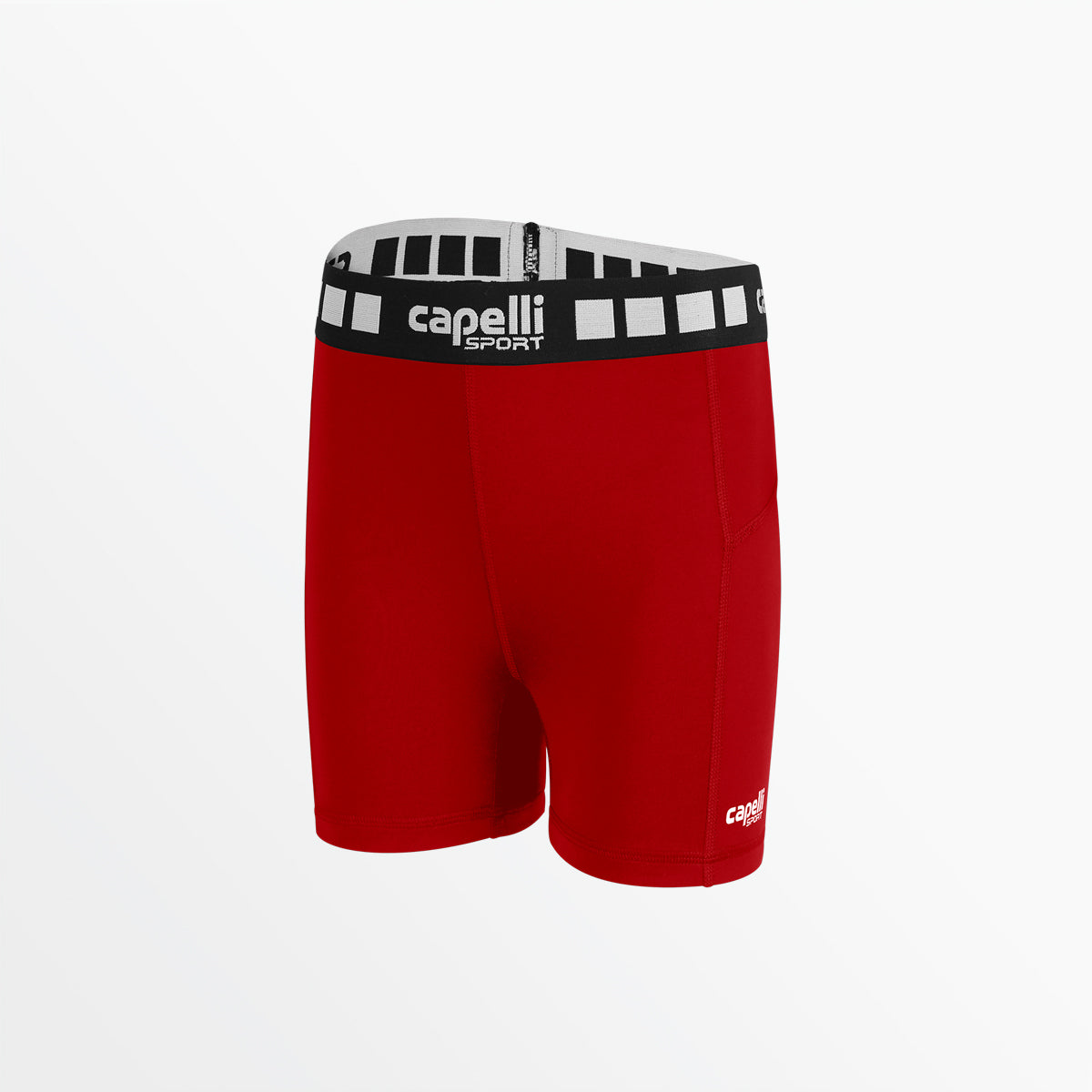 Women's 5-inch performance shorts in red with black waistband and capelli Sport logo