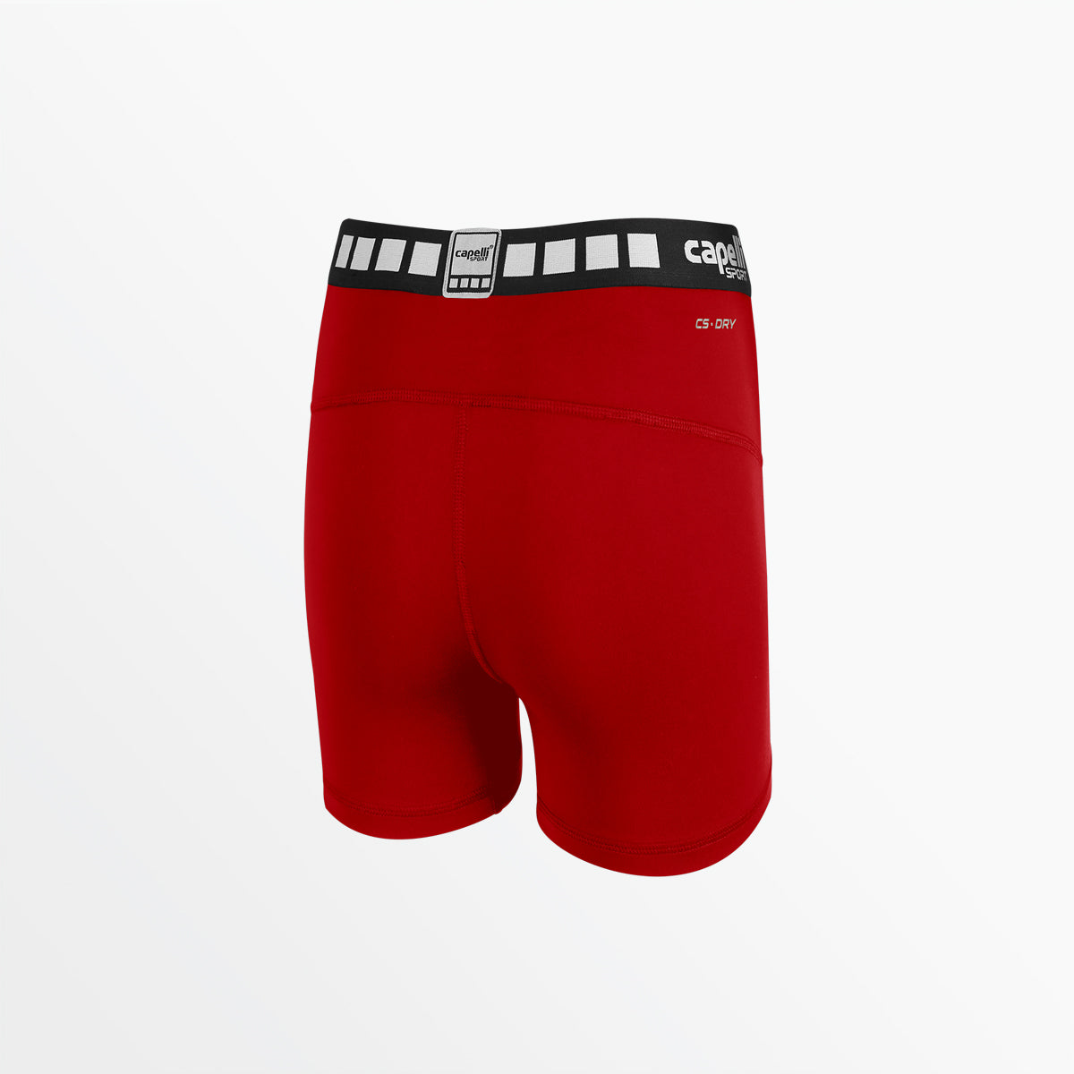 Red performance shorts with black waistband and capelli logo on leg