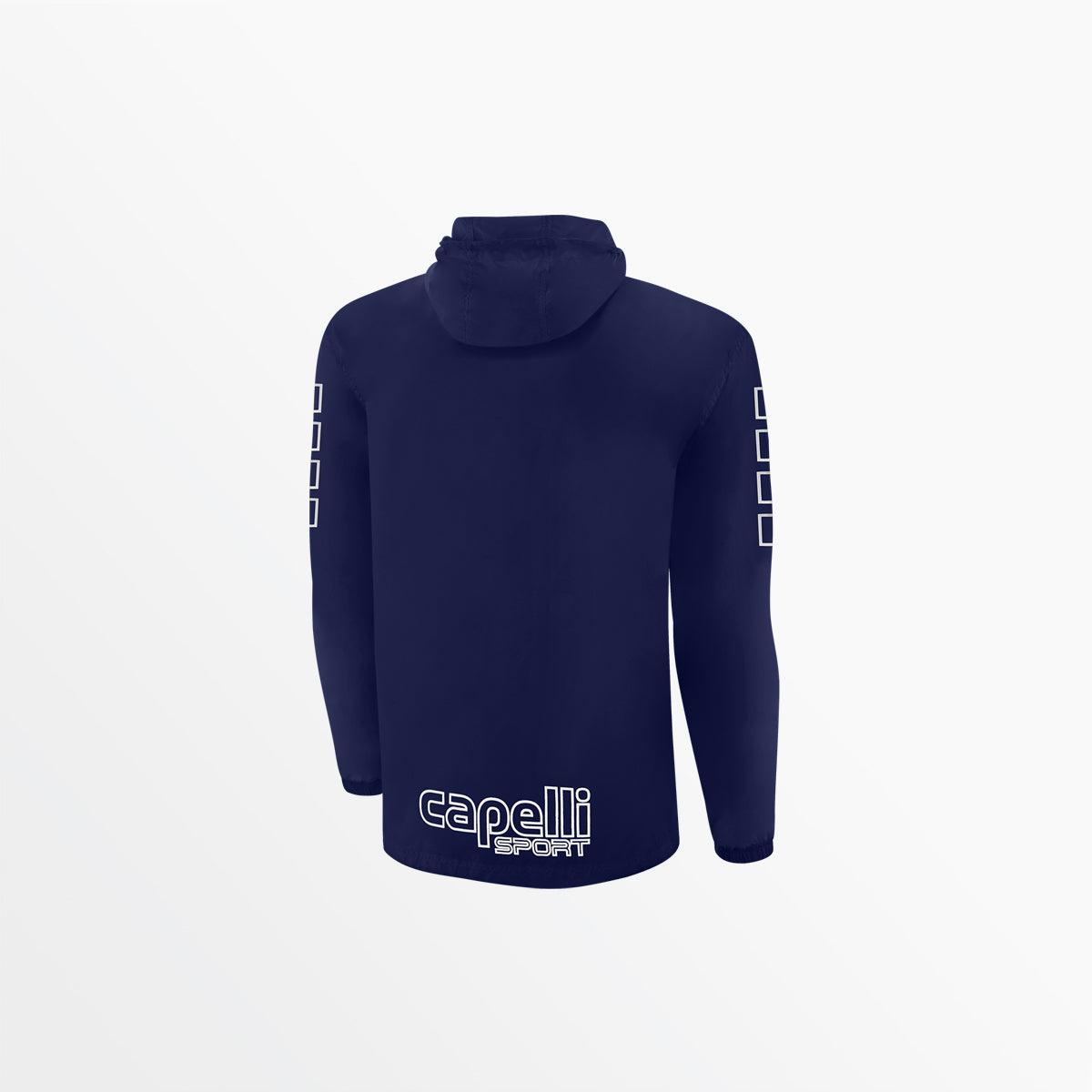 Navy packable windbreaker jacket with hood, back logo and long sleeves