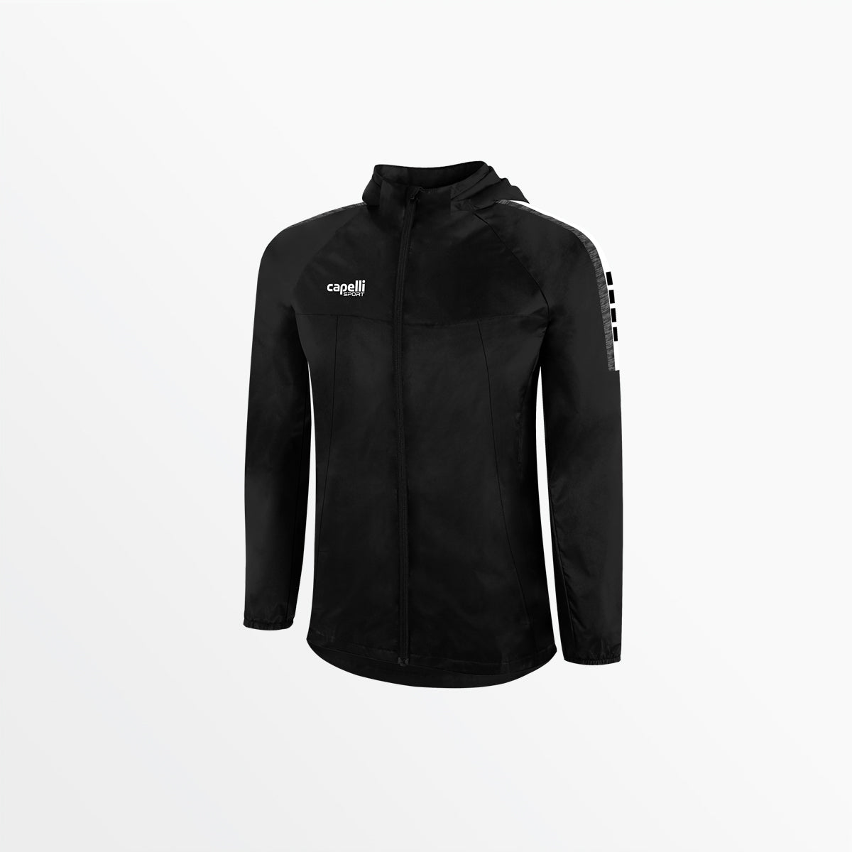 Black hooded jacket with full-length zipper and front logo patch