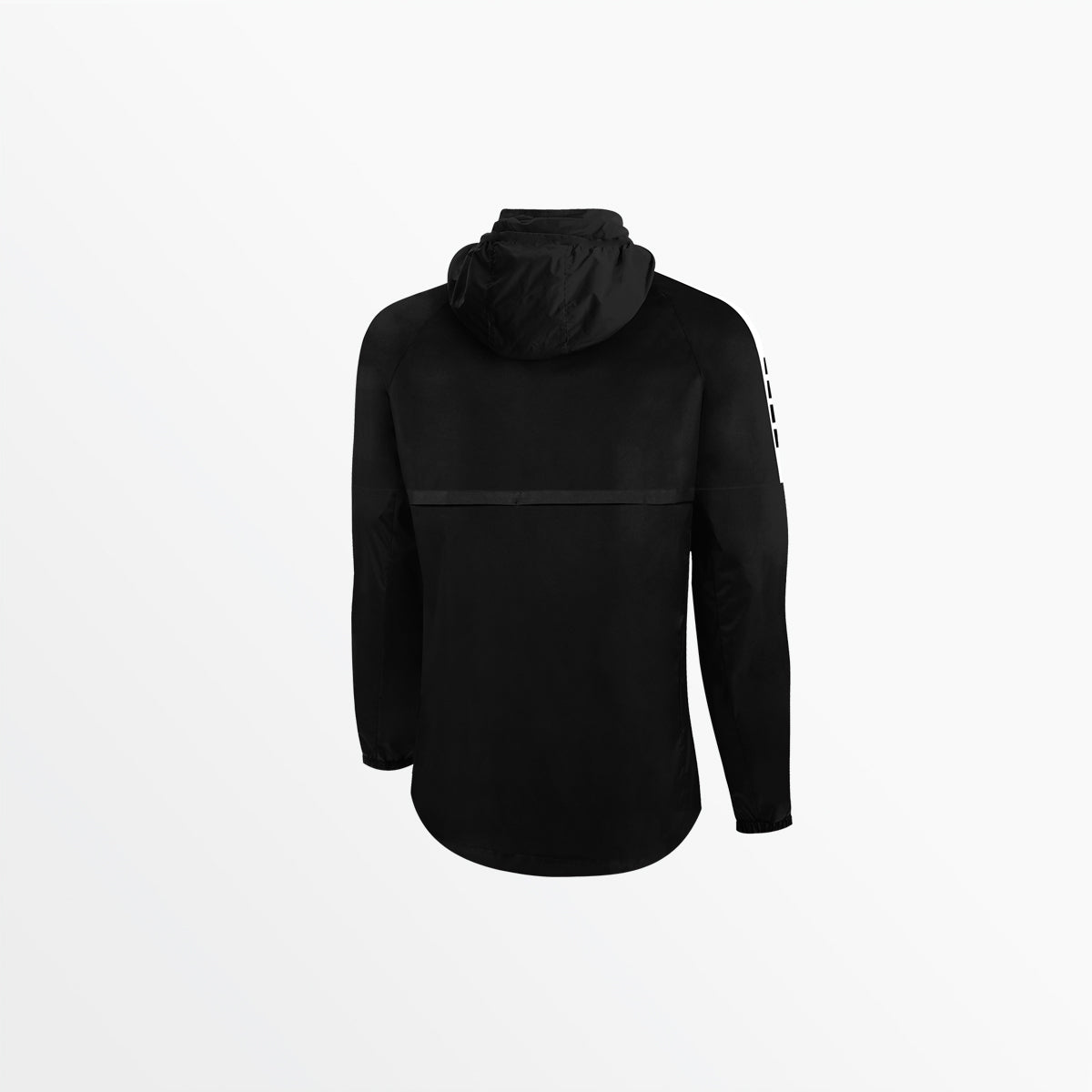 Black hooded all-weather jacket with zip front and long sleeves, side pockets