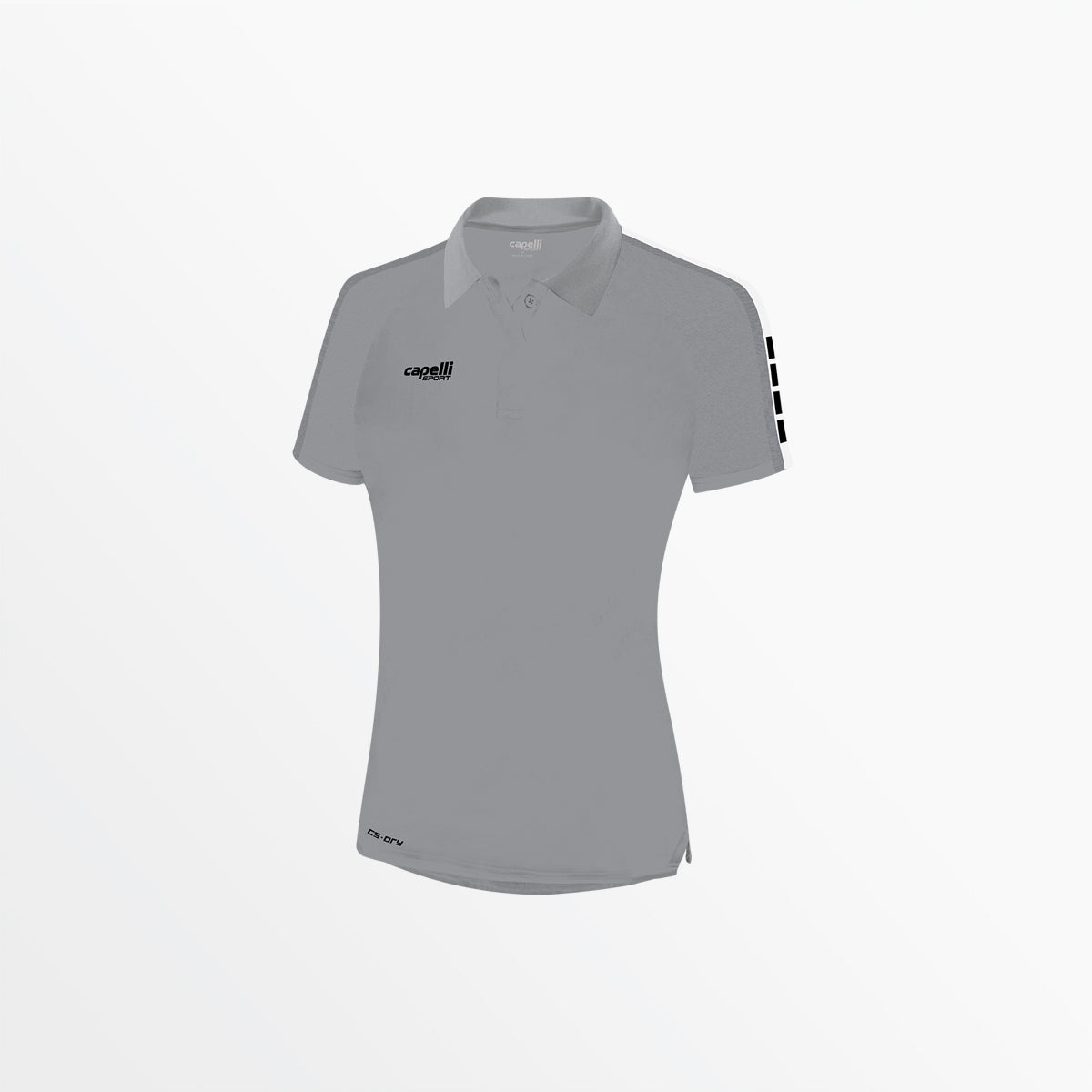 Women's grey poly polo shirt with short sleeves, collar, and chest logo