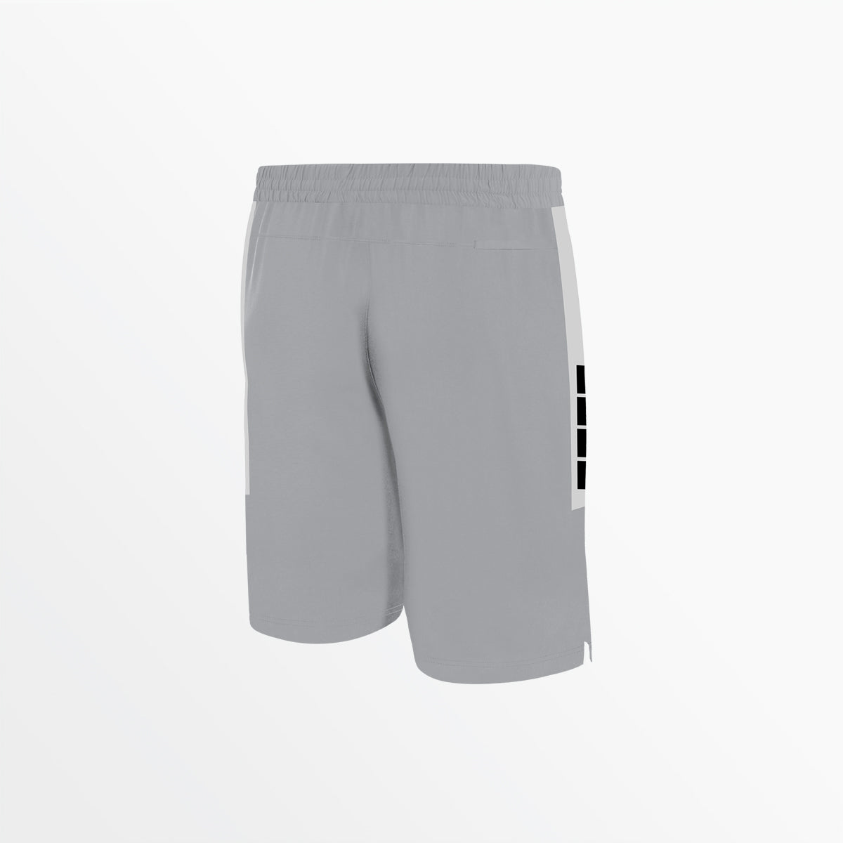 Men's woven shorts, light gray, elastic waist, vertical side logo panel on leg