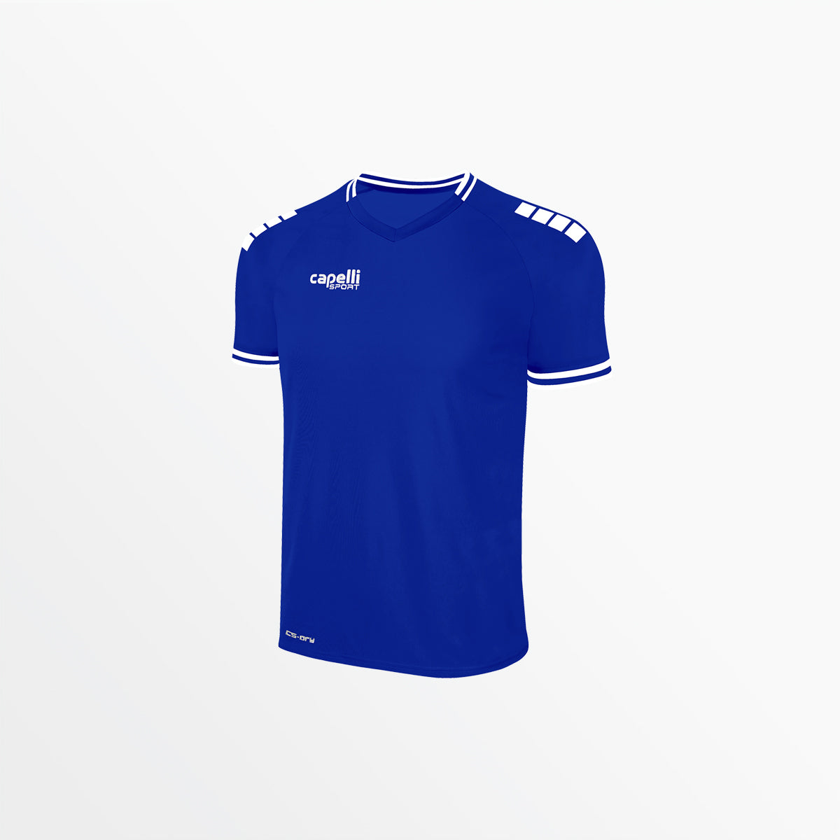 Youth blue soccer jersey with V-neck collar, white trim, capelli logo on chest