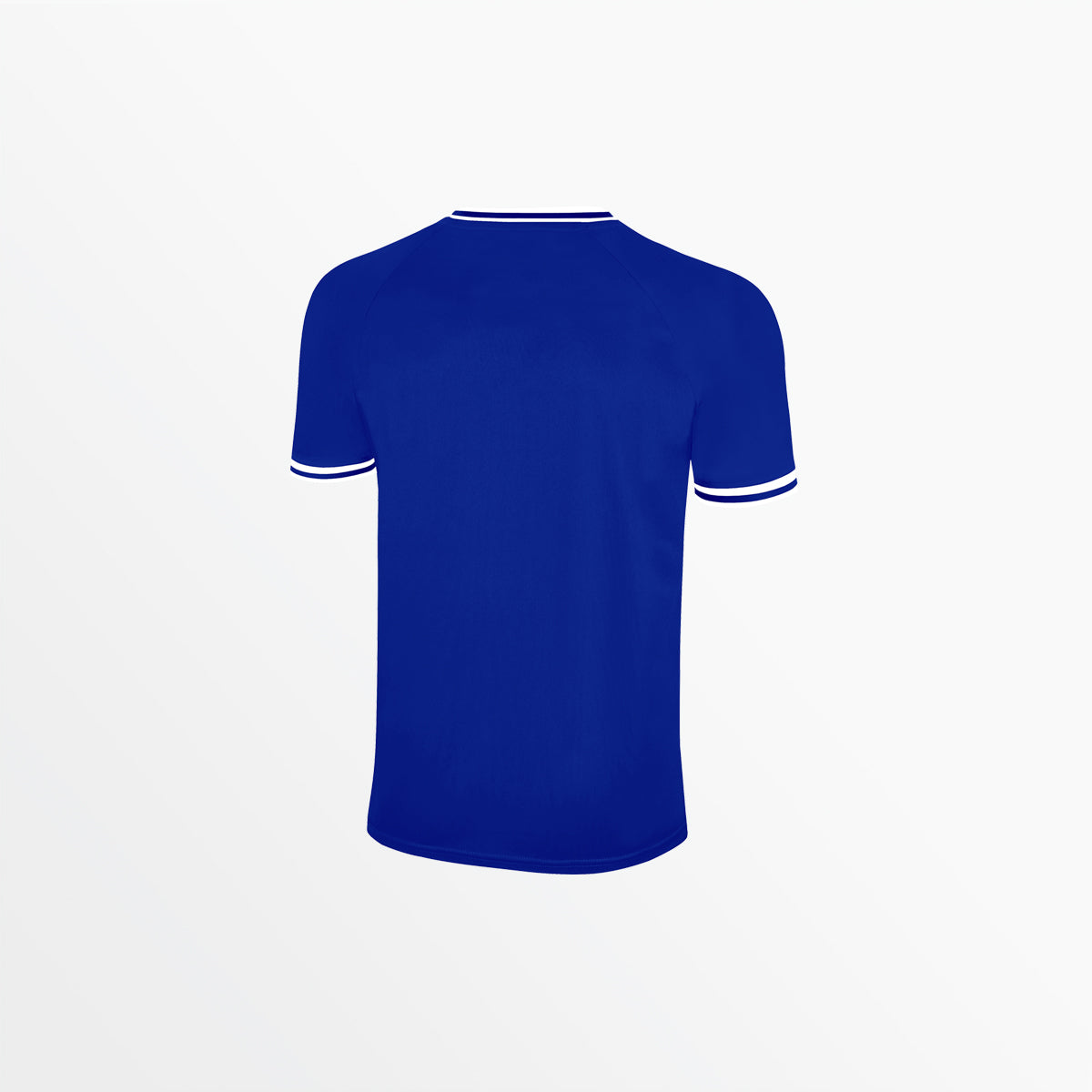 Youth blue soccer jersey back view with white sleeve and collar trim