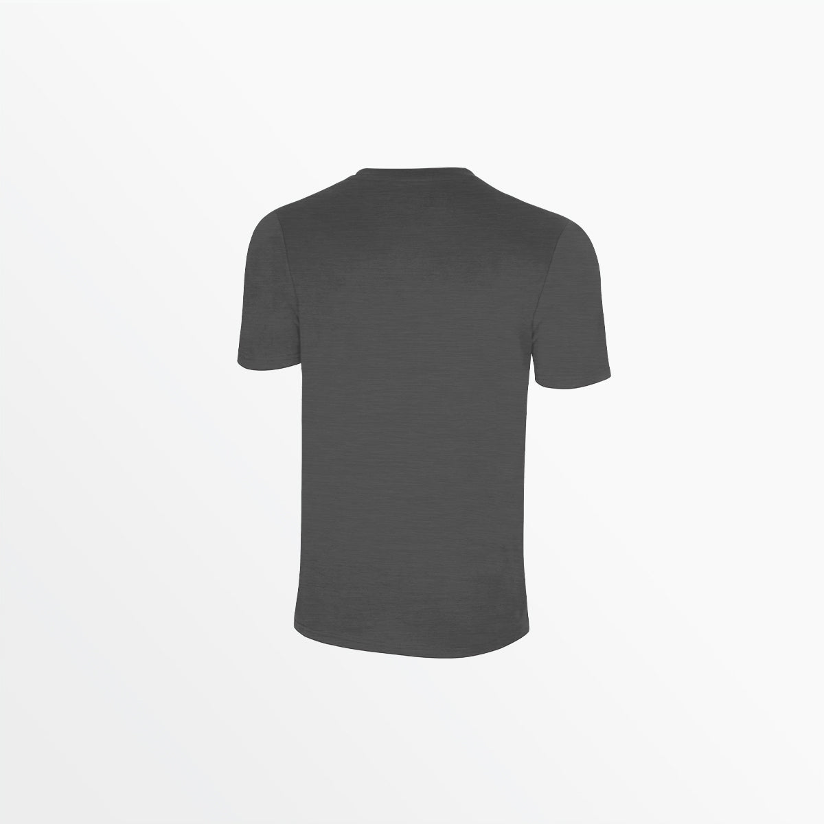 Dark gray crew neck poly T-shirt, back view, short sleeves