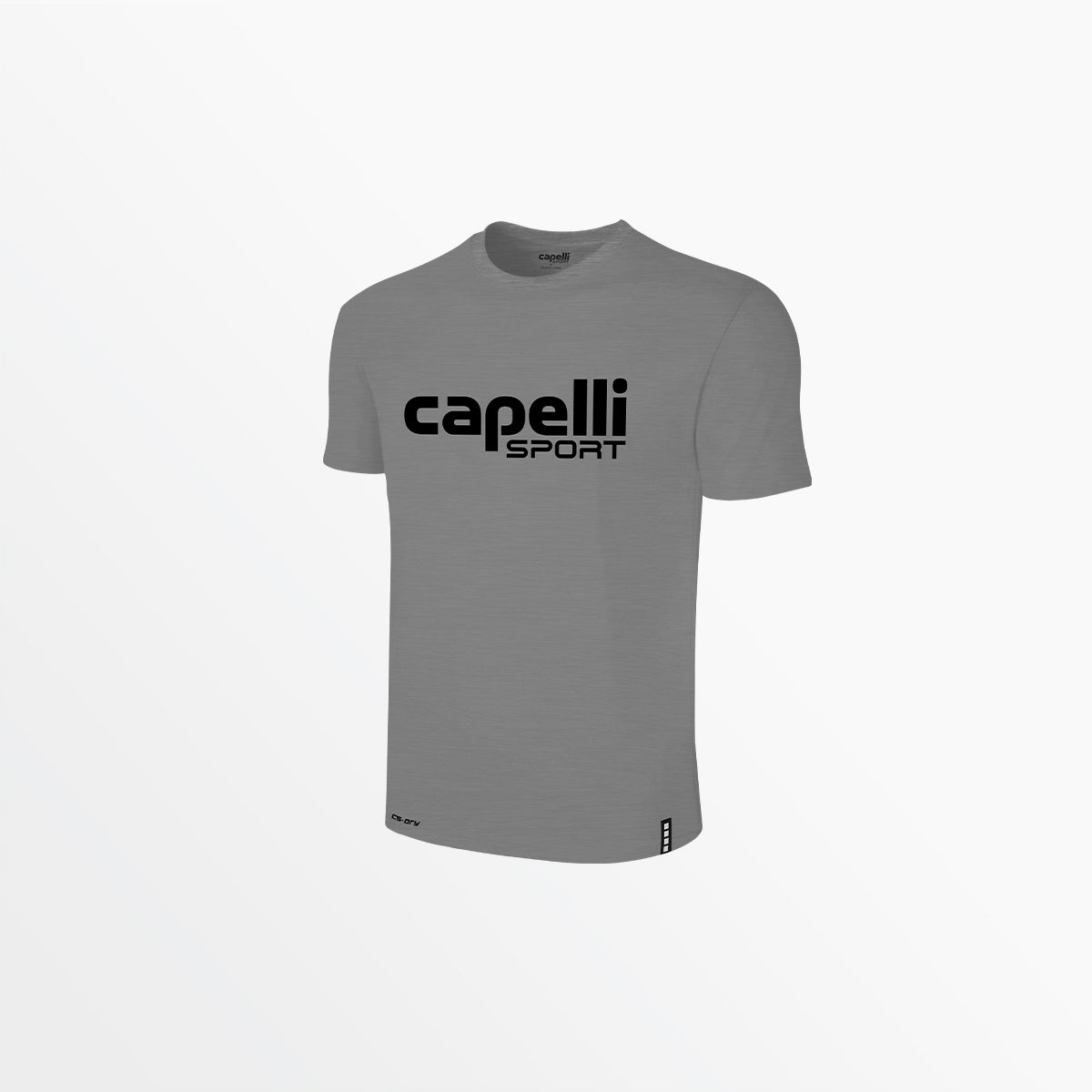 Heather gray crew neck poly T-shirt with Capelli Sport logo on front
