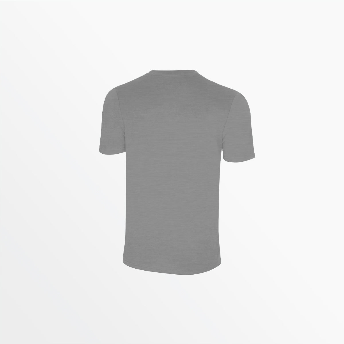 Heather gray crew neck poly T-shirt, back view, short sleeves