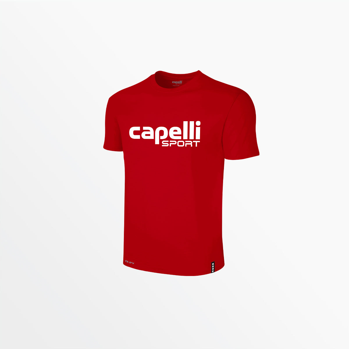 Red crew neck poly tee with capelli SPORT logo on front