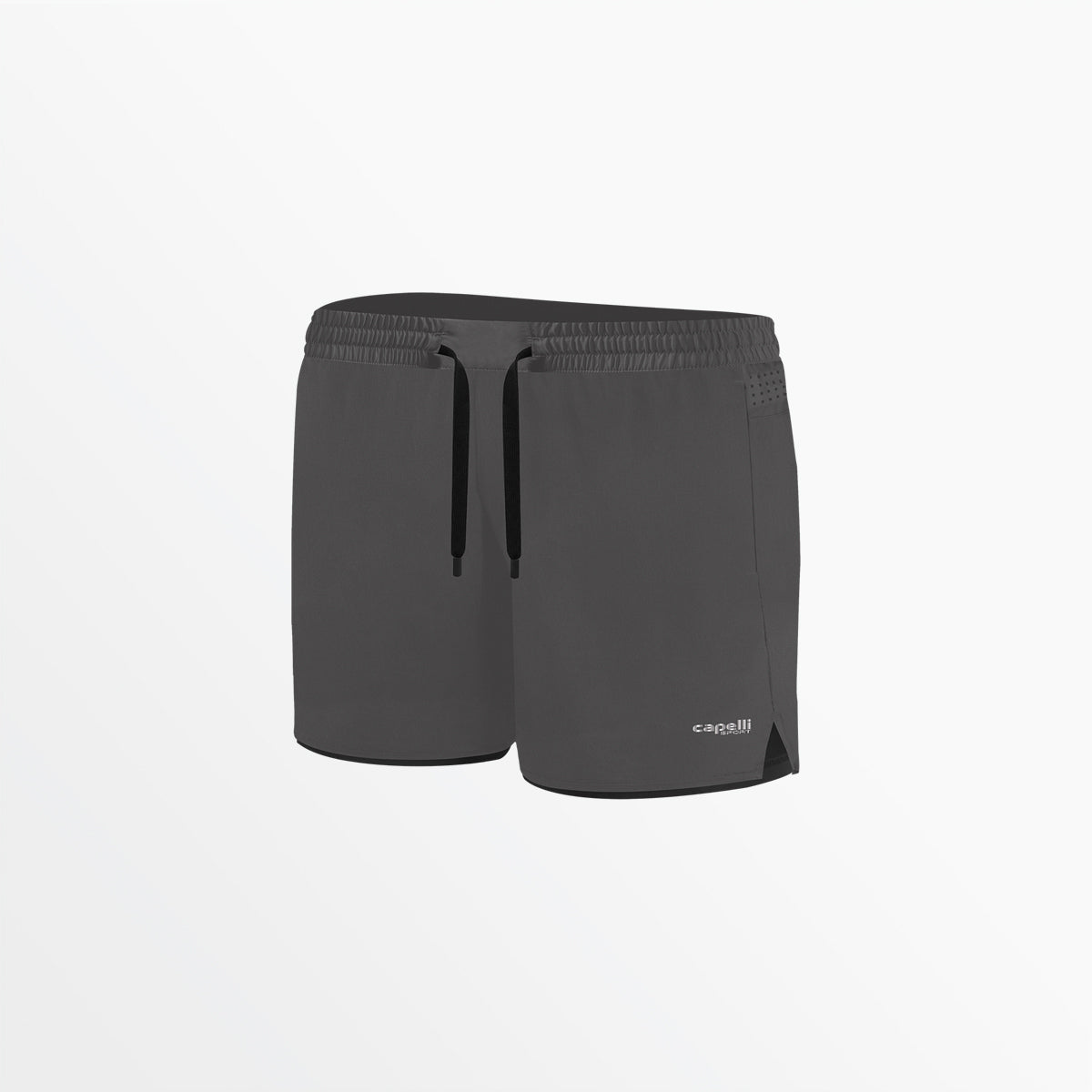 Women's dark charcoal flex shorts with drawstring and embroidered side logo