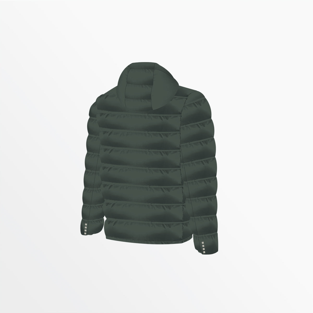 Moss green hooded puffer jacket with full-zip front and quilted baffle design