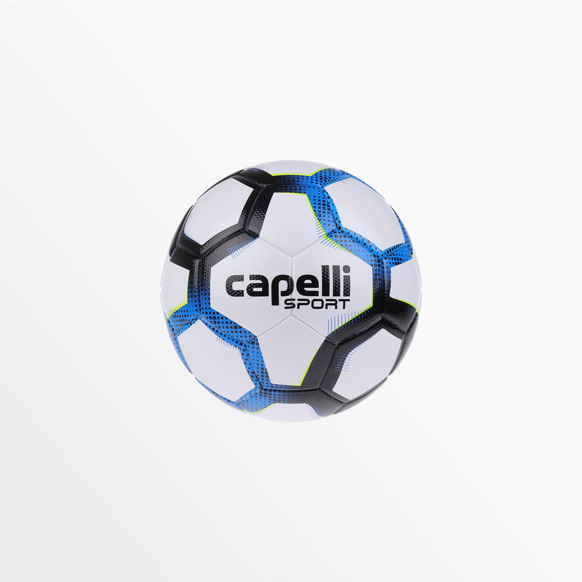 Elite soccer ball with Capelli Sport logo, white black and blue hex panels