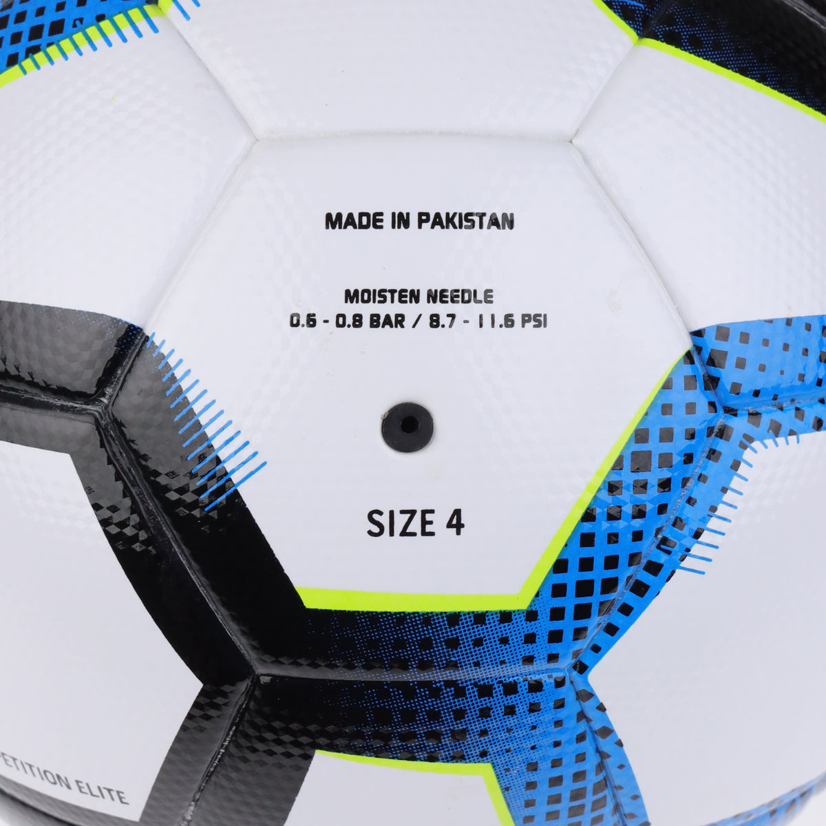 Soccer ball panel close-up: Size 4, 0.5–0.8 bar, 7.8–11.5 psi text
