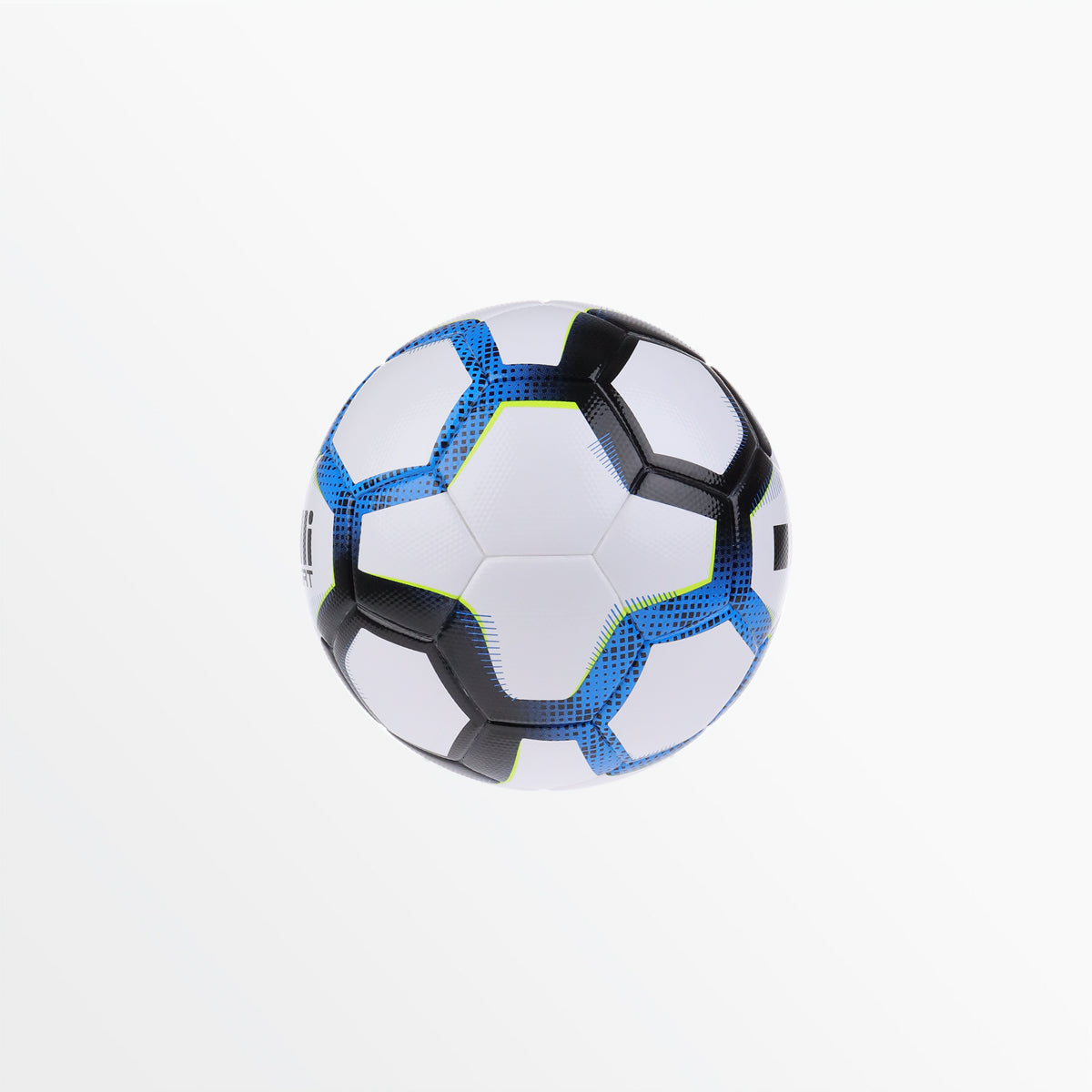 Elite soccer ball, white with black and bright blue star-like panel design
