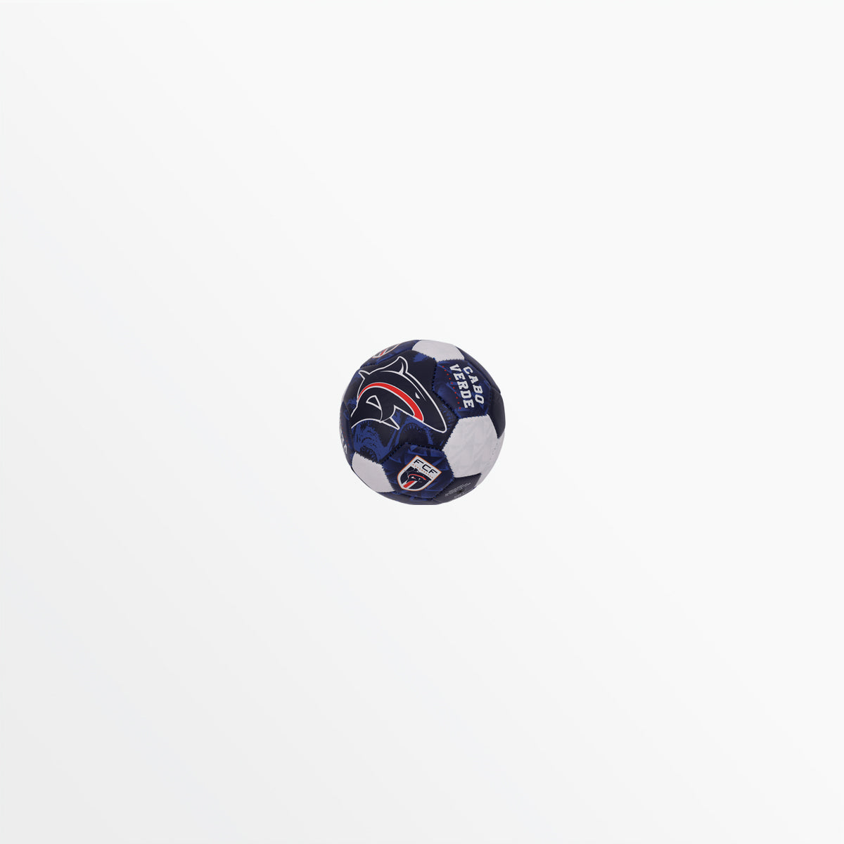 Mini soccer ball, dark navy with angled view of shark logo and white-black paneling