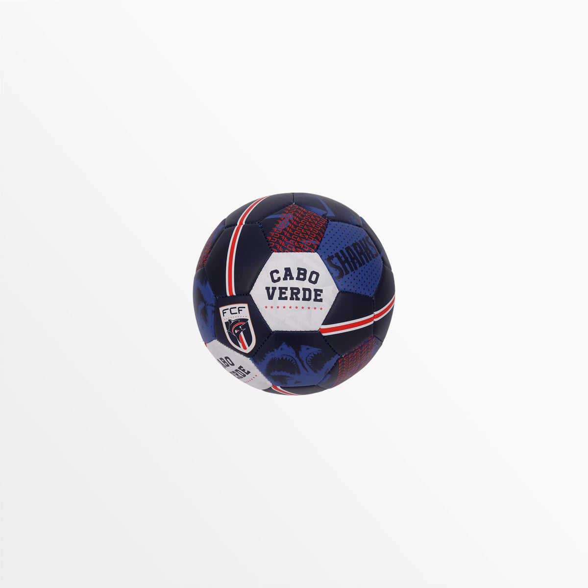 Blue connected soccer ball with red digital pattern and white FCF Cabo Verde logo panels
