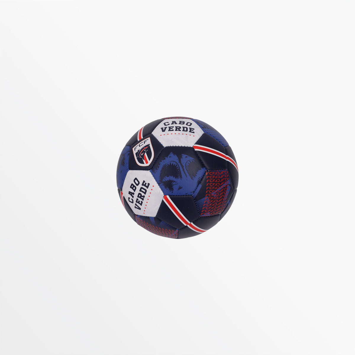 Blue connected soccer ball with Cabo Verde text, white star panel, and red printed segments