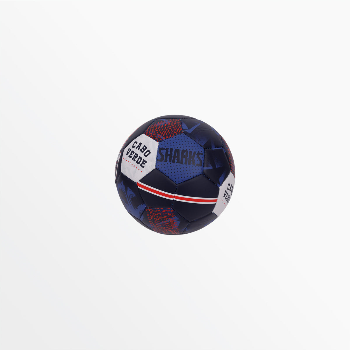 Blue connected soccer ball with red textured top, CABO VERDE text, and white stripe seam