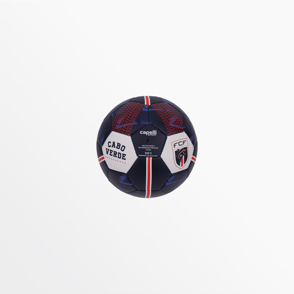 Blue connected soccer ball with red textured panels, central logo, and shield graphic