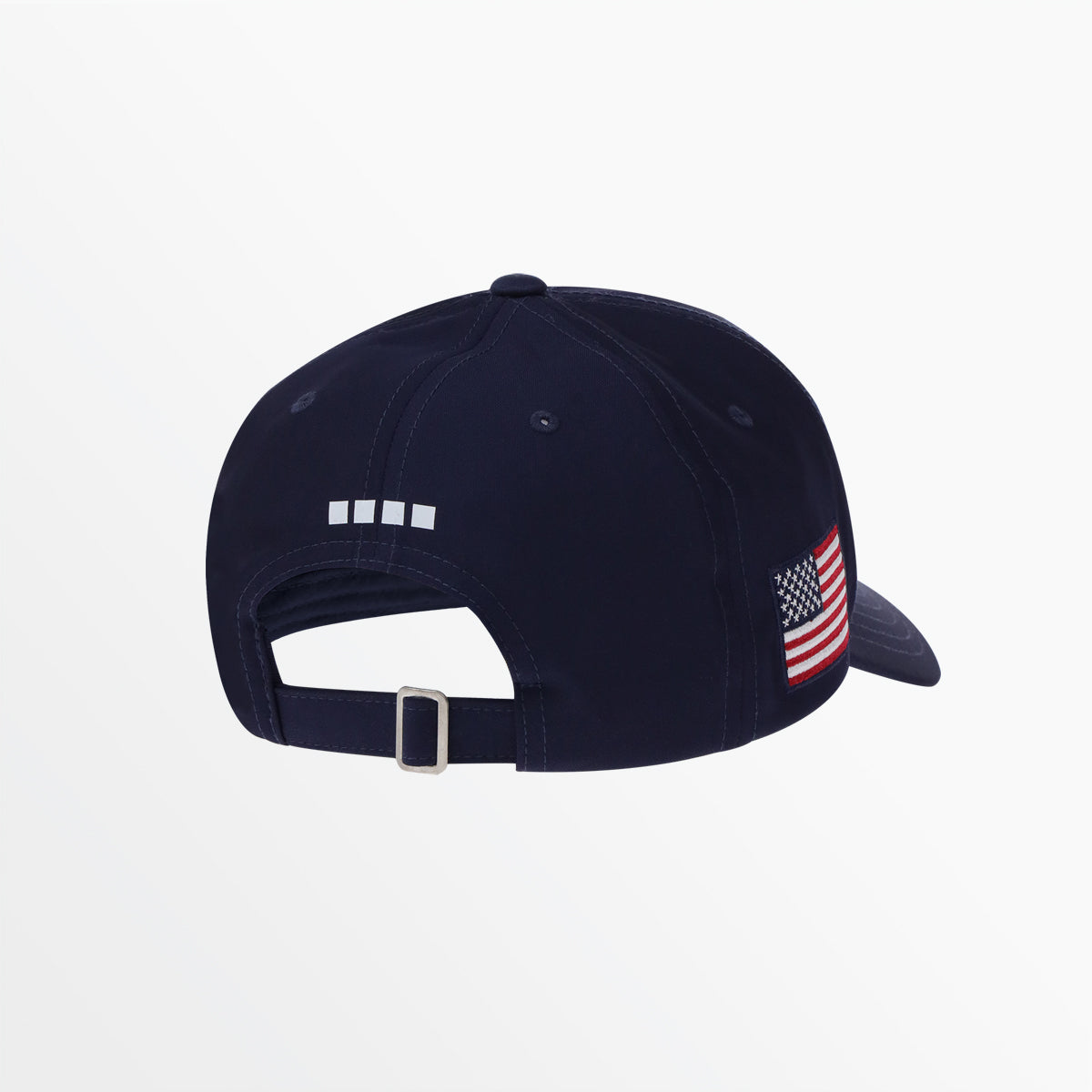 Navy baseball cap with American flag patch and adjustable back buckle
