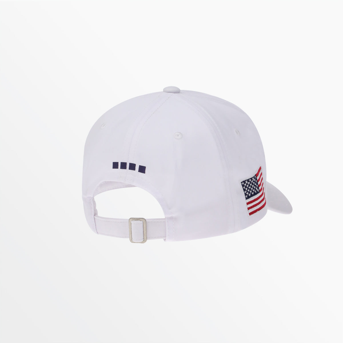 White baseball cap with flag patch and adjustable back strap