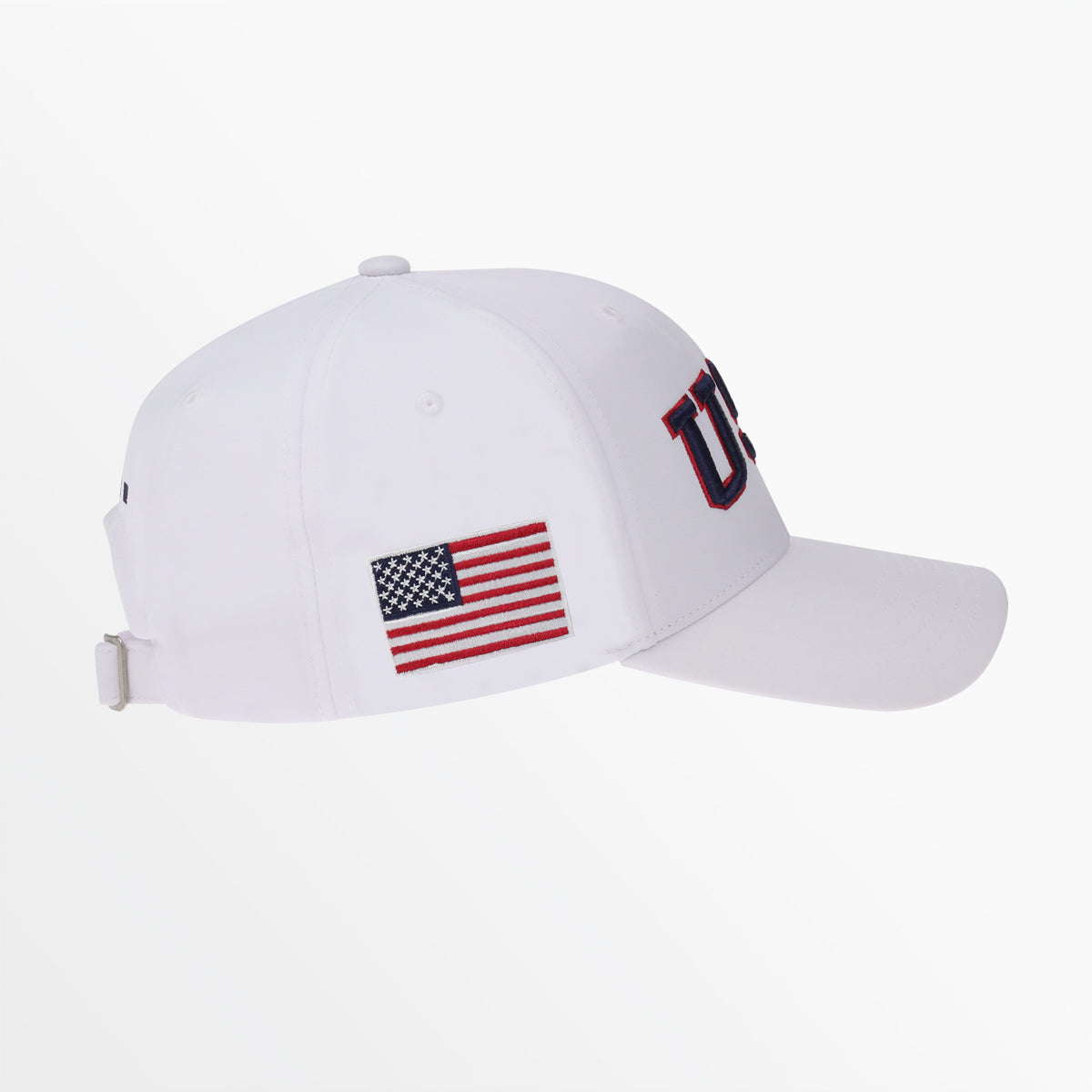 White baseball cap with American flag patch and side “USA” letter detail