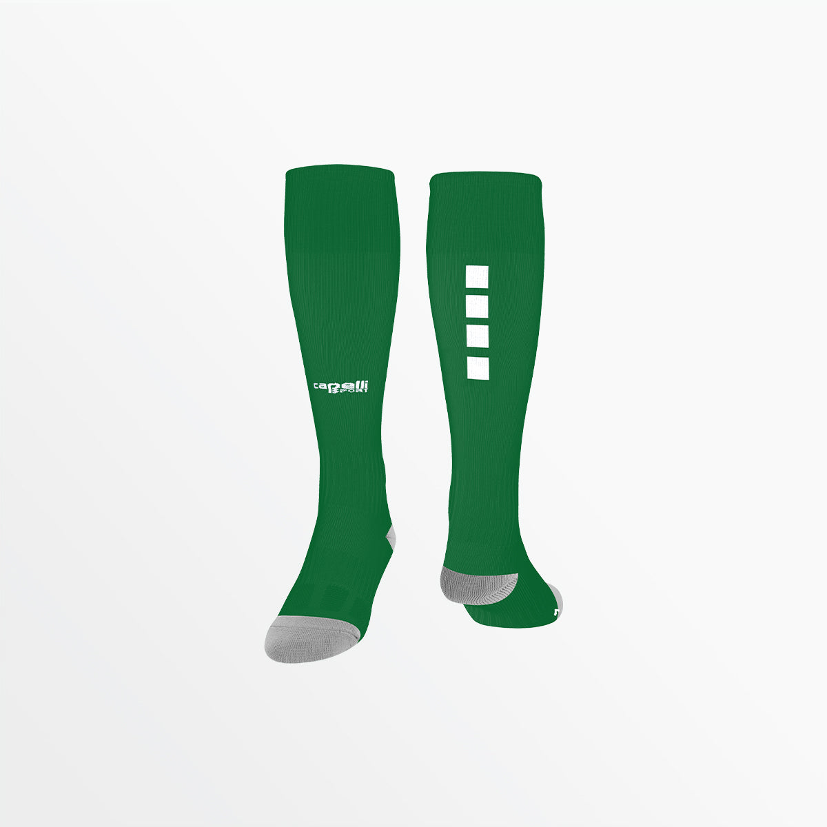 Pair of green crew socks with white cube print and gray toe/heel panels