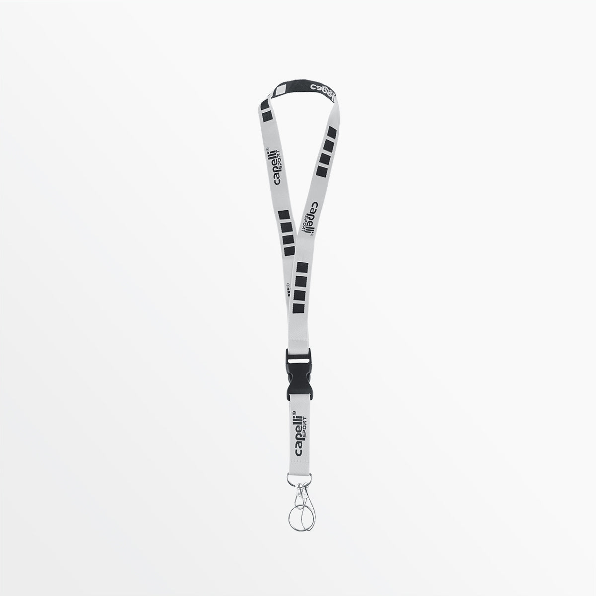 White lanyard with repeating black capelli logo blocks and keyring loops