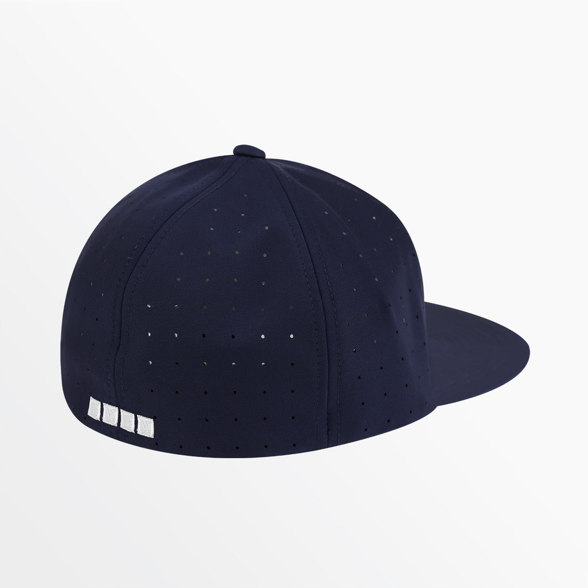 Navy flat-brim flex cap with perforation dots and white side stripe logo