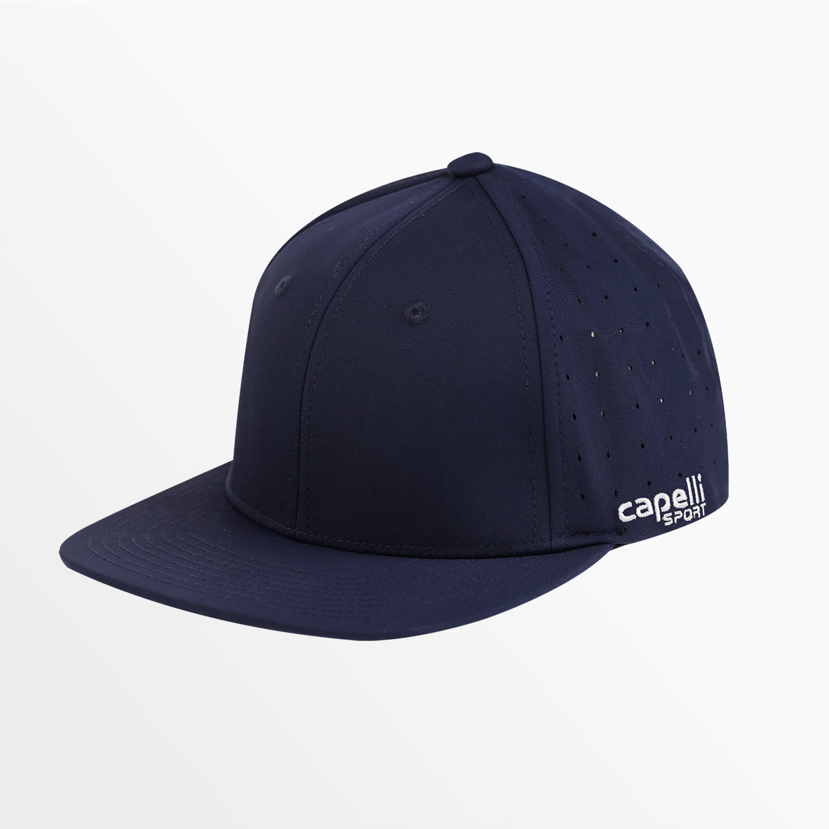 Navy flat-brim baseball cap with eyelet side panels and 'capelli sport' logo