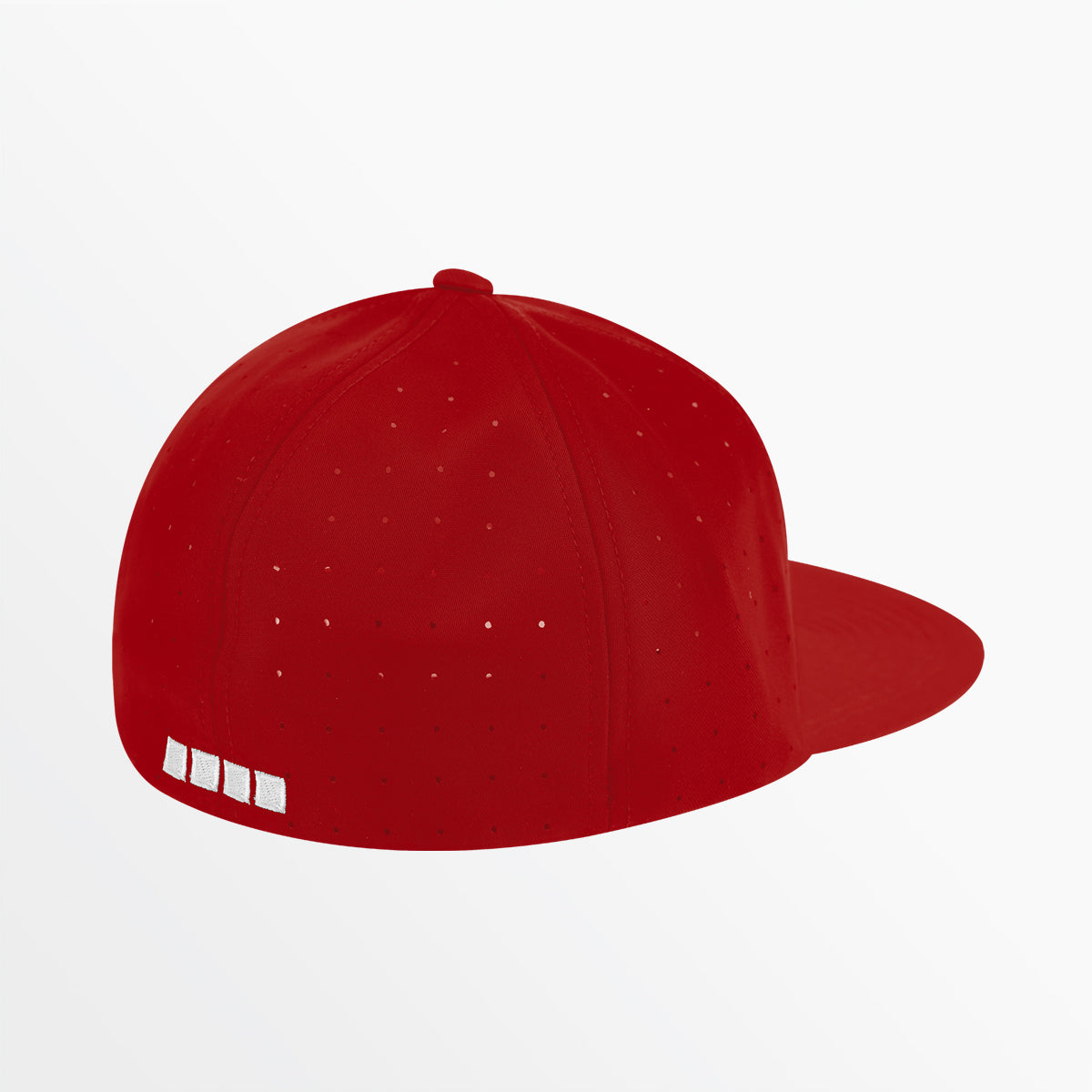 Red flat-brim flex cap with perforation dots and white side stripe logo