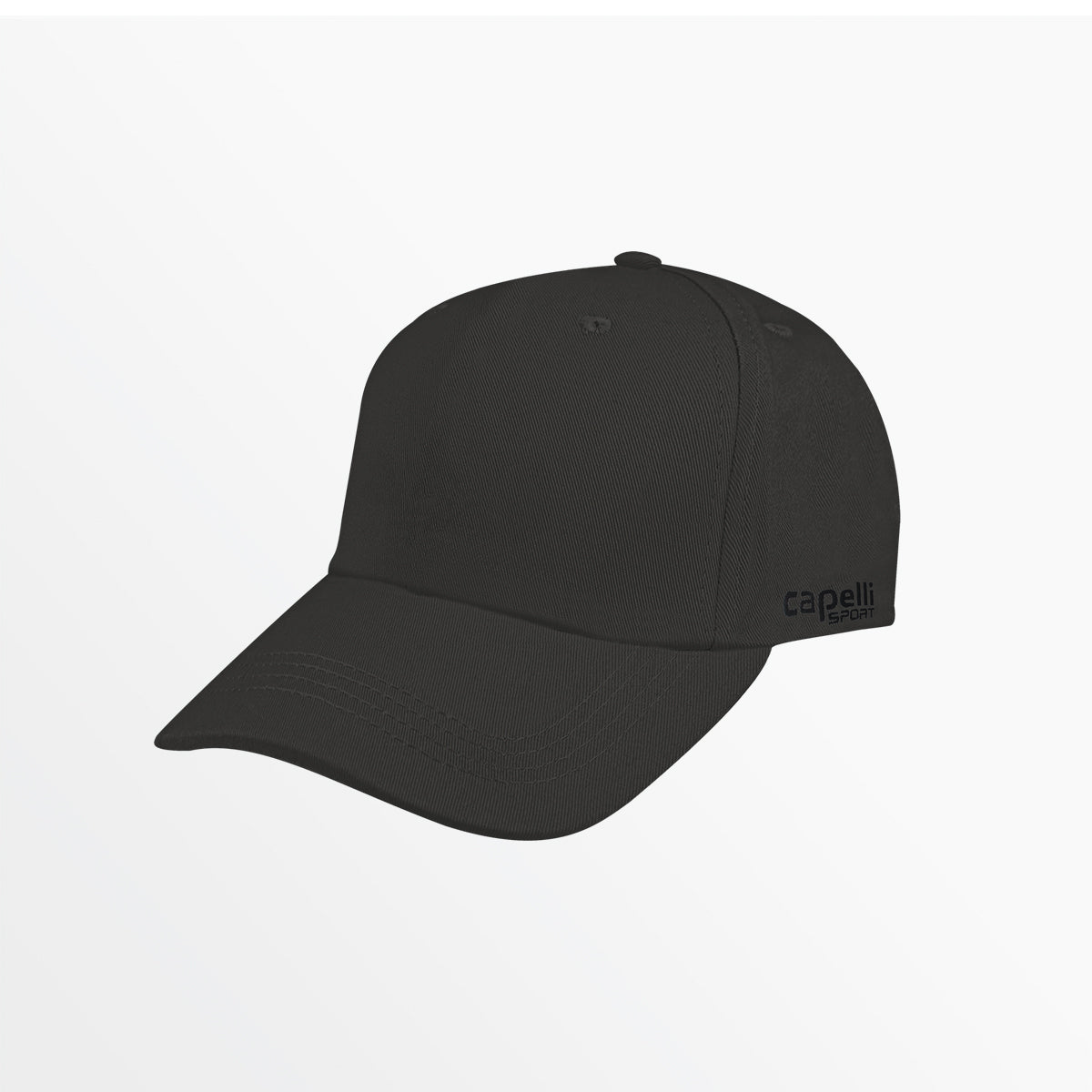Adult front panel team classic cap, black; curved brim; side “capelli sport” logo.