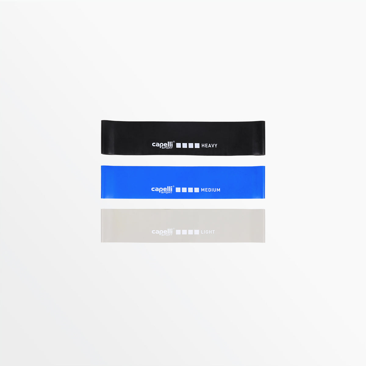Three looped resistance bands: black heavy, blue medium, gray light.