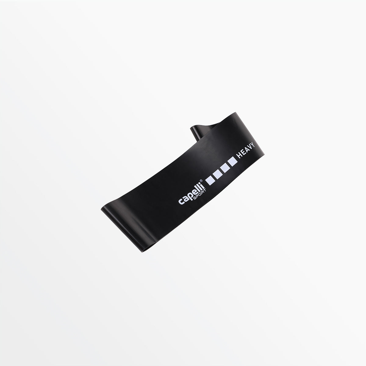 Looped resistance band in black, marked HEAVY.