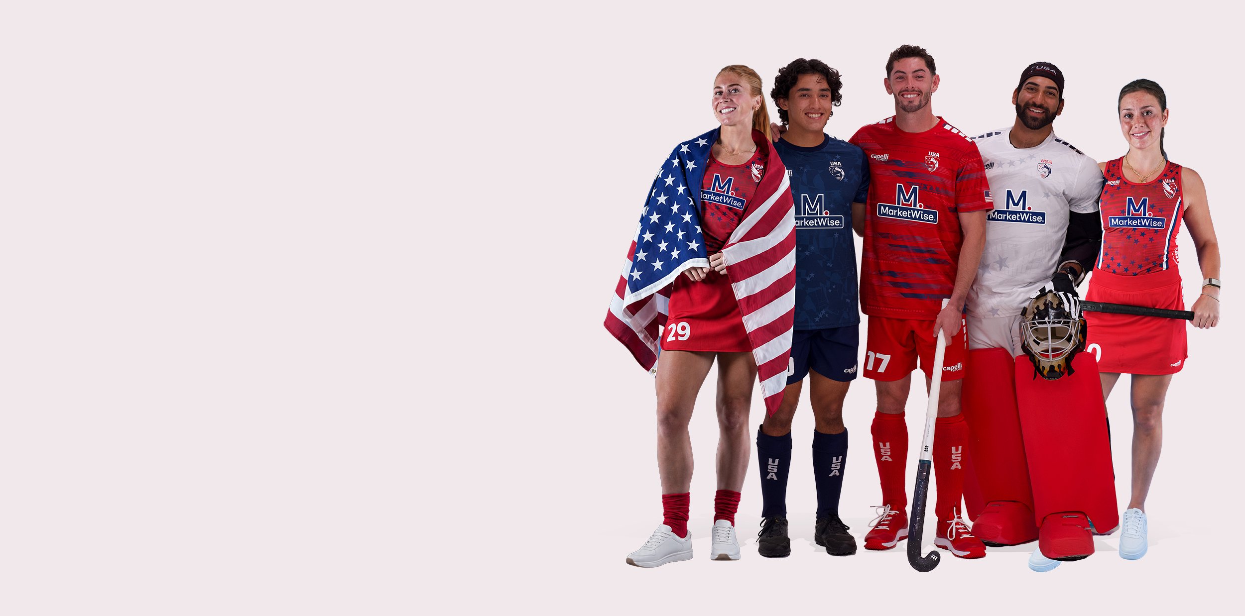 Five field hockey players wearing red and white Moncton Wildcats athletic jerseys stand together against a white background, holding hockey sticks and gear. One player holds a Canadian flag.
