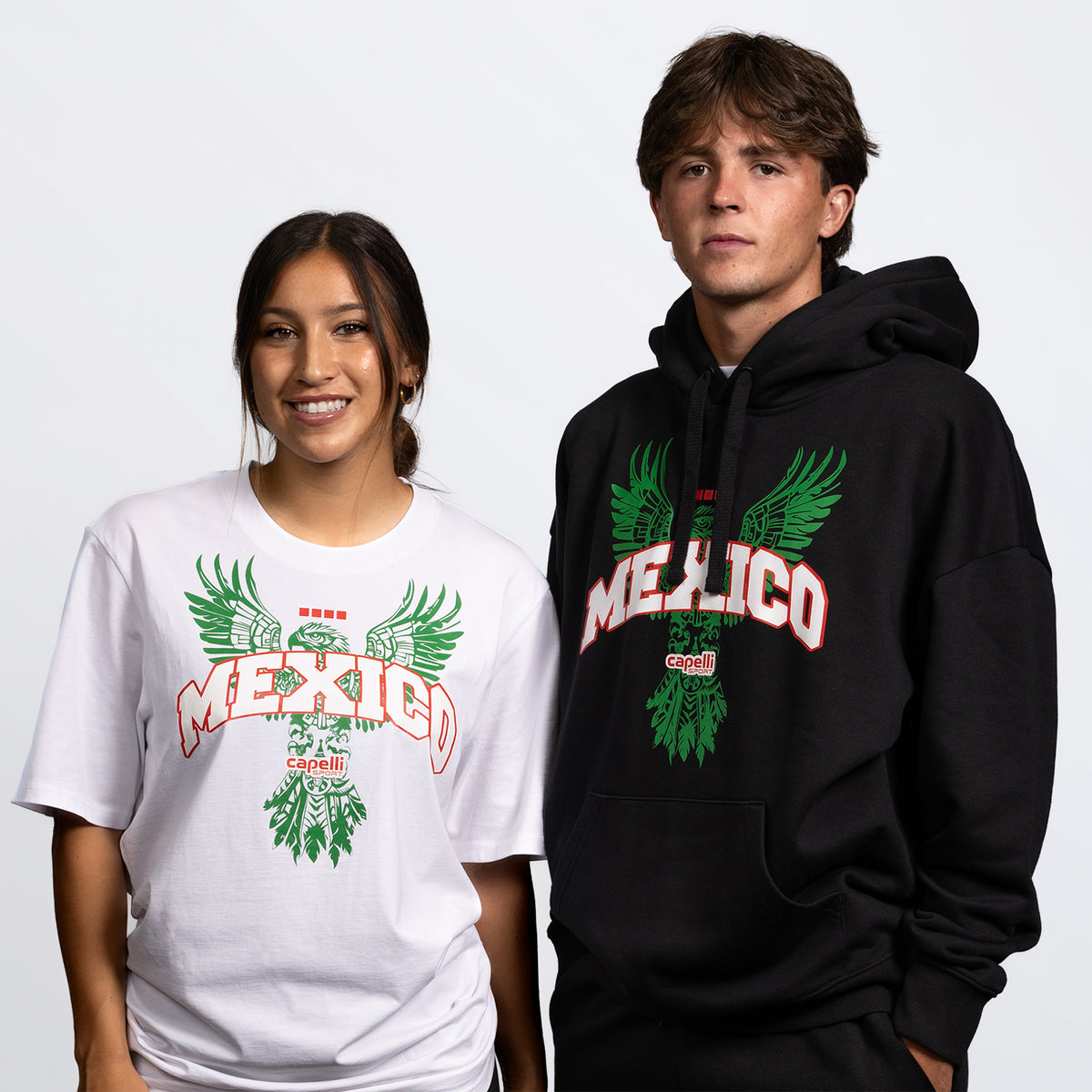 White Mexico graphic crew neck soccer tee with green wings and red lettering