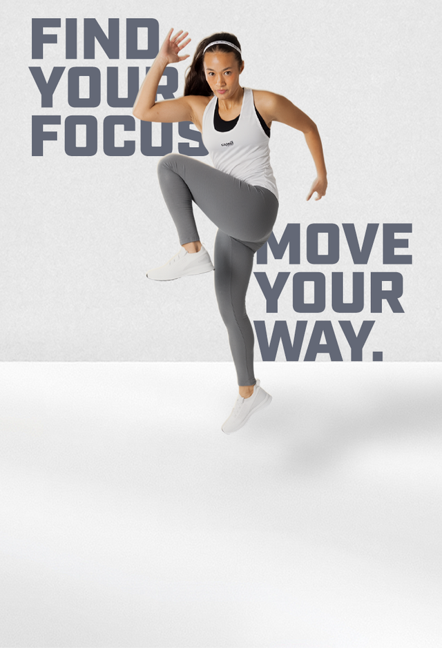 Woman in athletic wear posing with motivational text on a white background