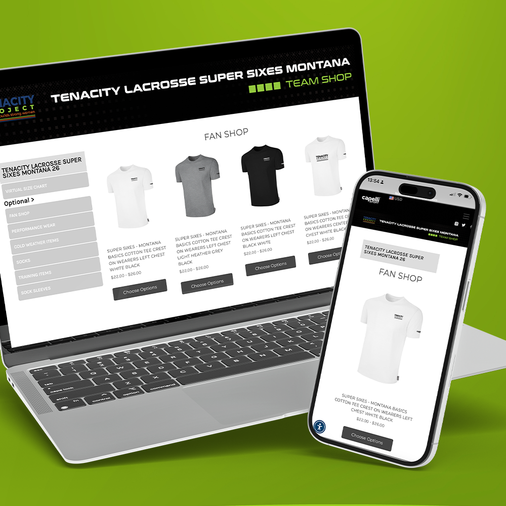 A laptop and smartphone displaying a sports apparel website mockup for Tenacity Lacrosse Super Sixes Montana team shop, set against a solid green background.