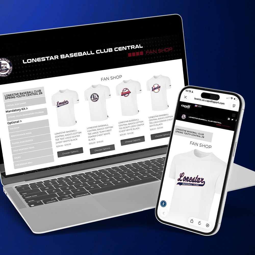 Laptop and smartphone displaying Lonestar Baseball Club Central fan shop website on a blue background
