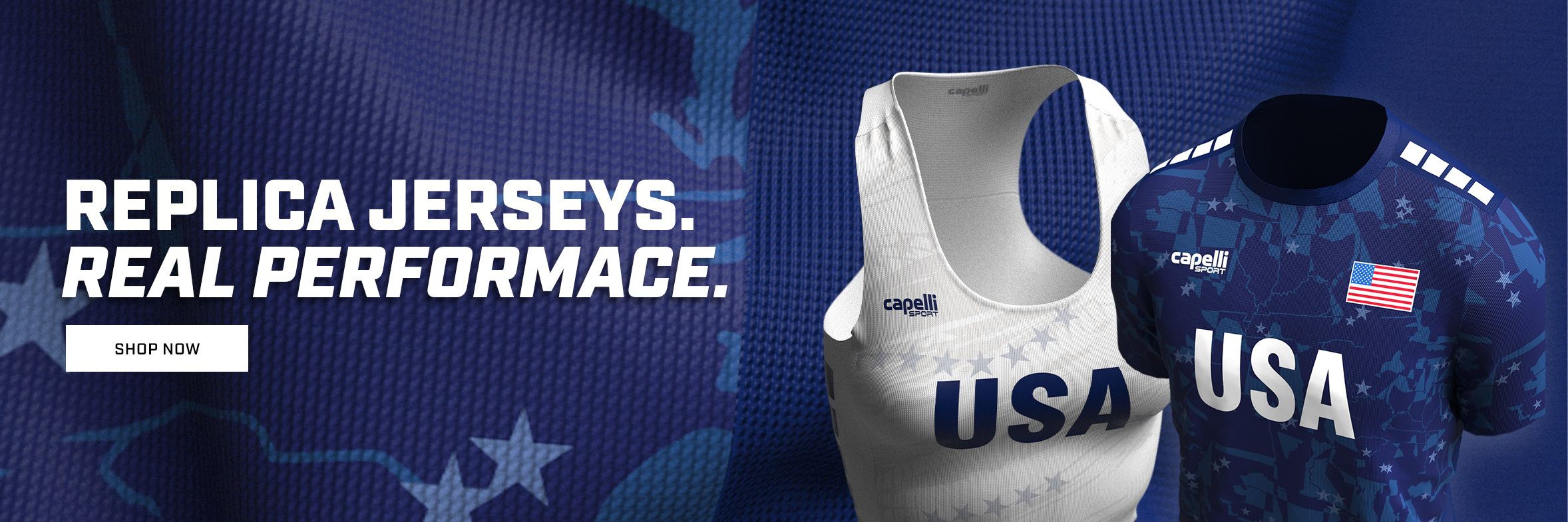 USA sports jerseys on a blue background with 'Replica Jerseys. Real Performance.' text.