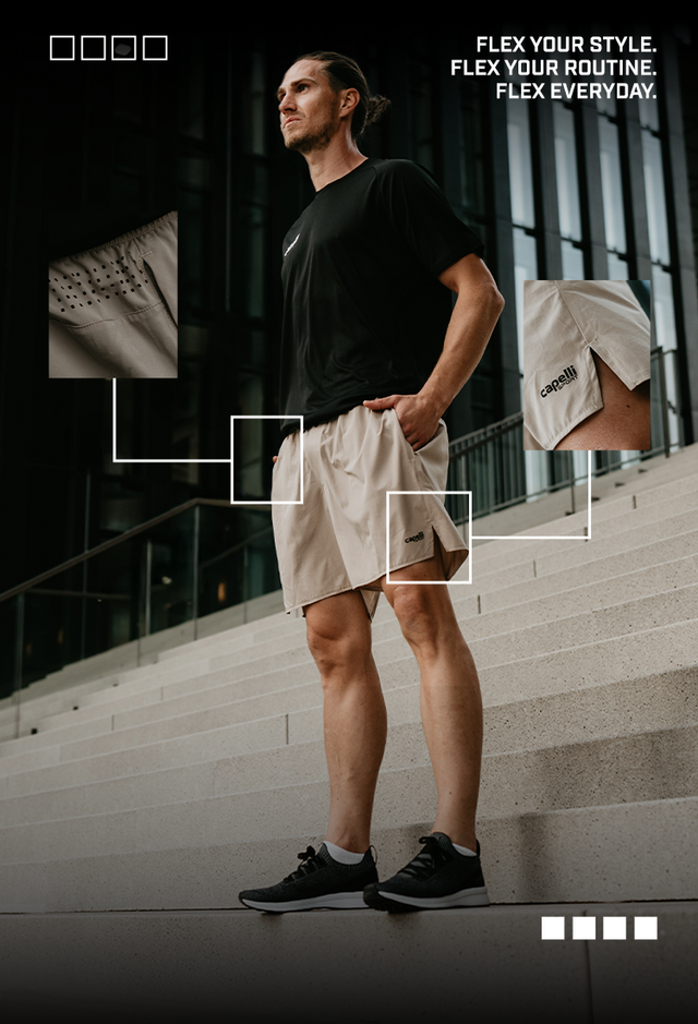 Man standing on steps with 'Everyday Flex' branding and text.