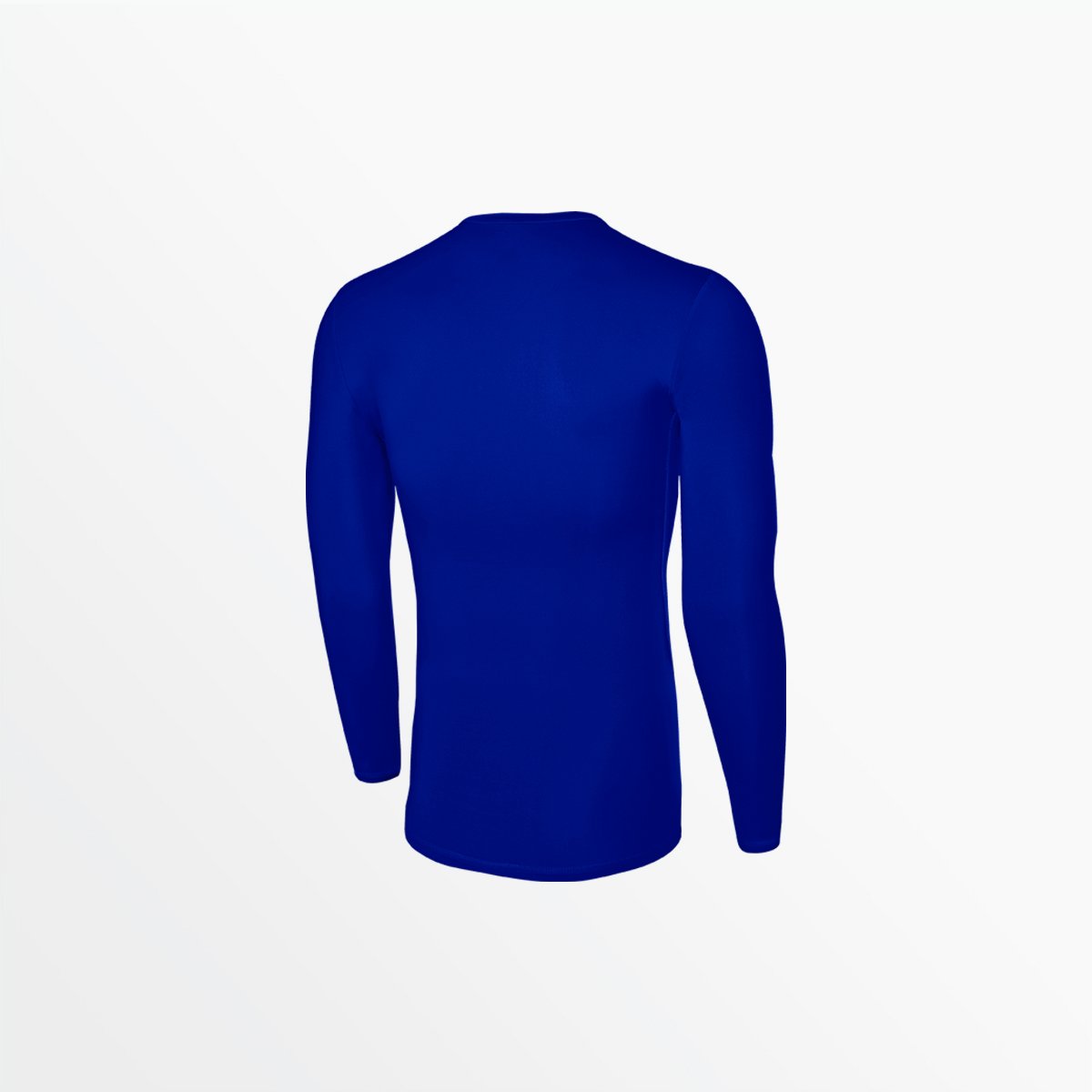 Men's blue long sleeve performance top, crew neck, back view