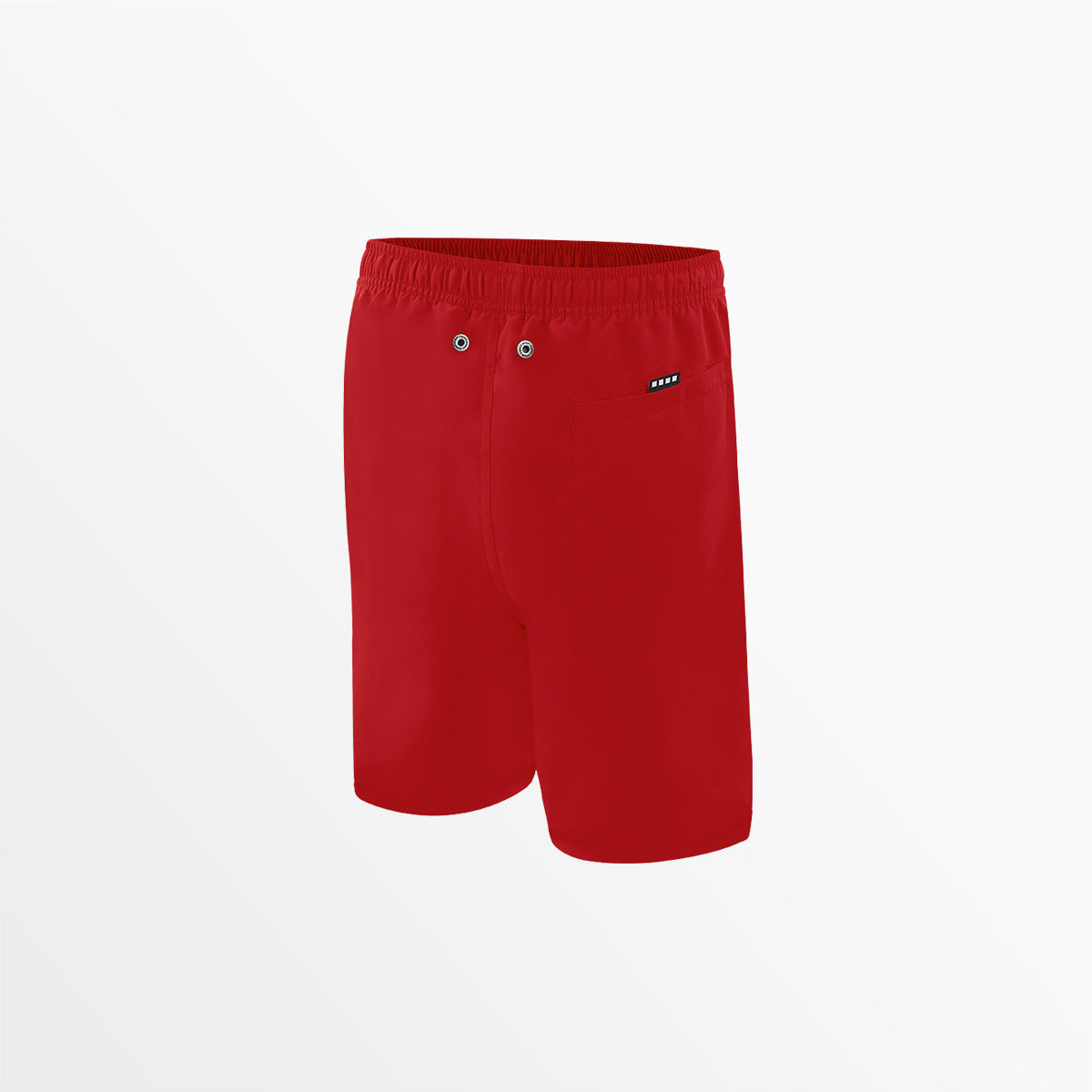 Red long swim shorts with buttoned eyelets, small side emblem, elastic waistband