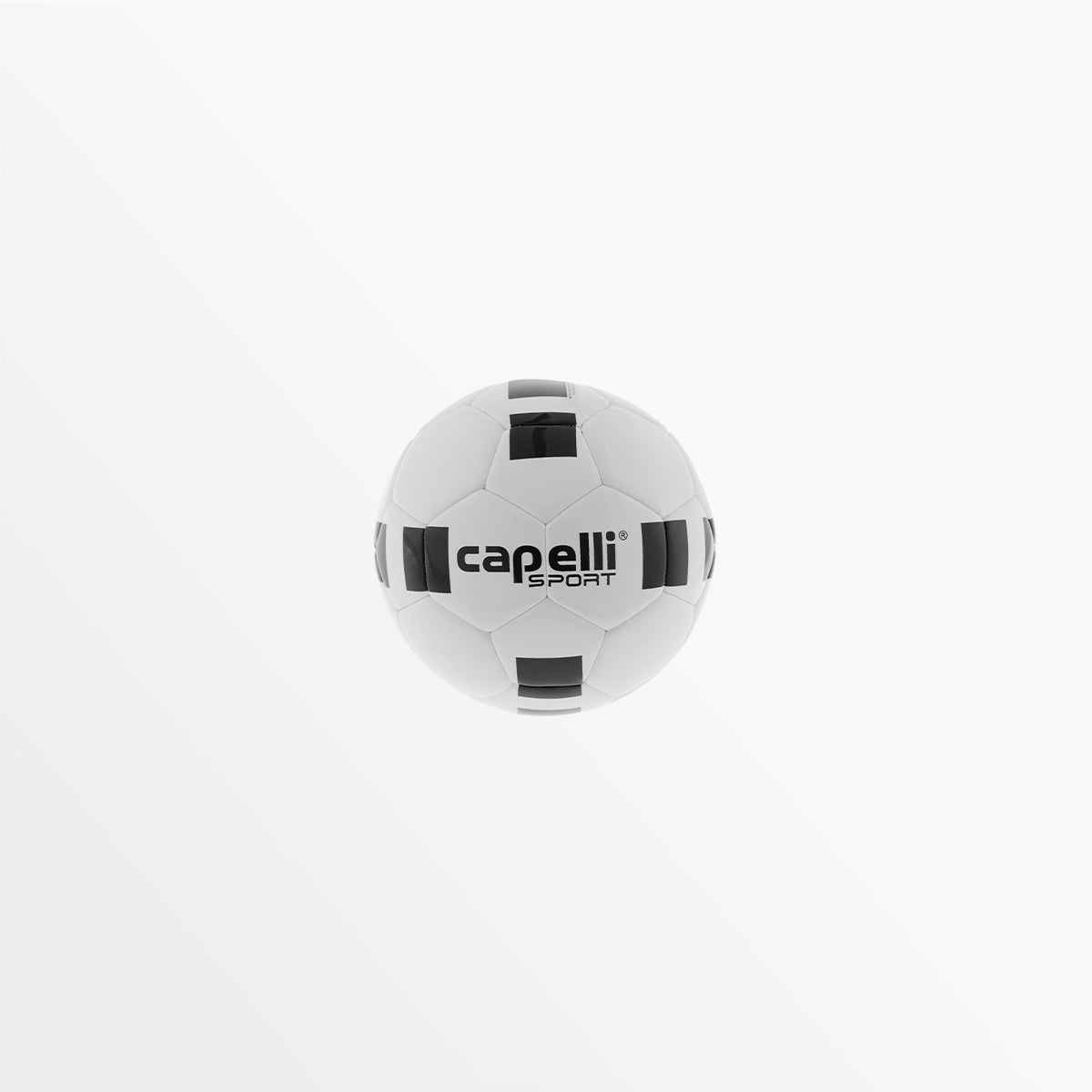 Mini soccer ball, white with black cube-like panels and capelli sports logo