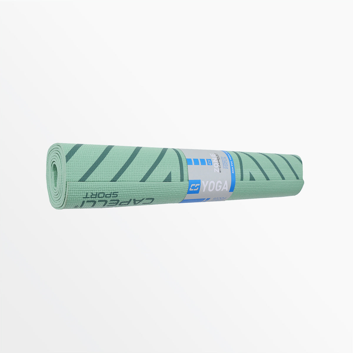 Green printed PVC yoga mat rolled up, geometric design with visible securing band