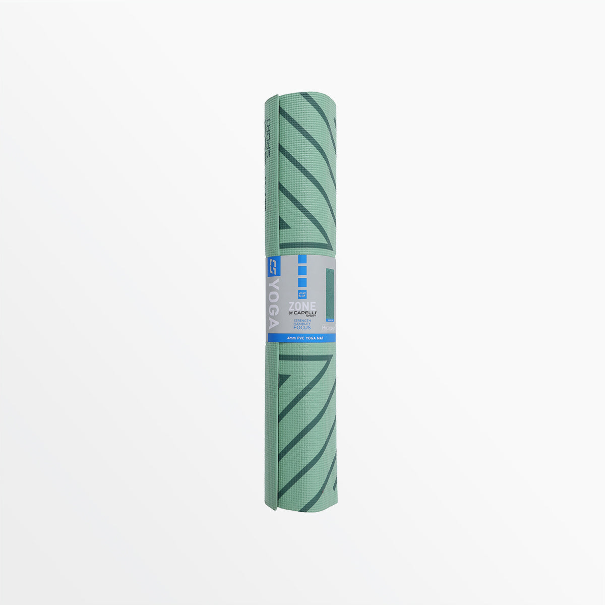 Rolled green printed PVC yoga mat end view with geometric pattern