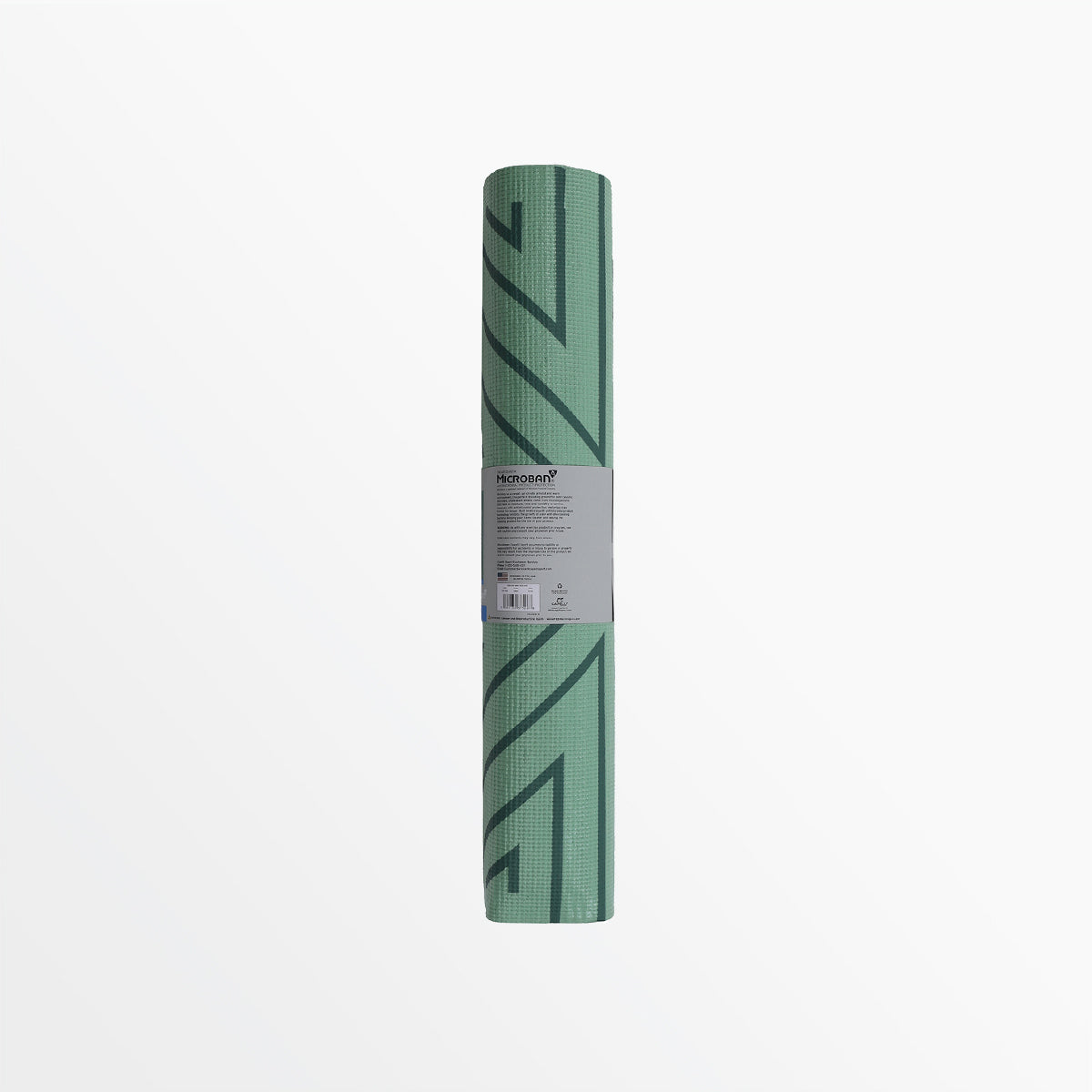 Green printed PVC yoga mat roll with side label band visible