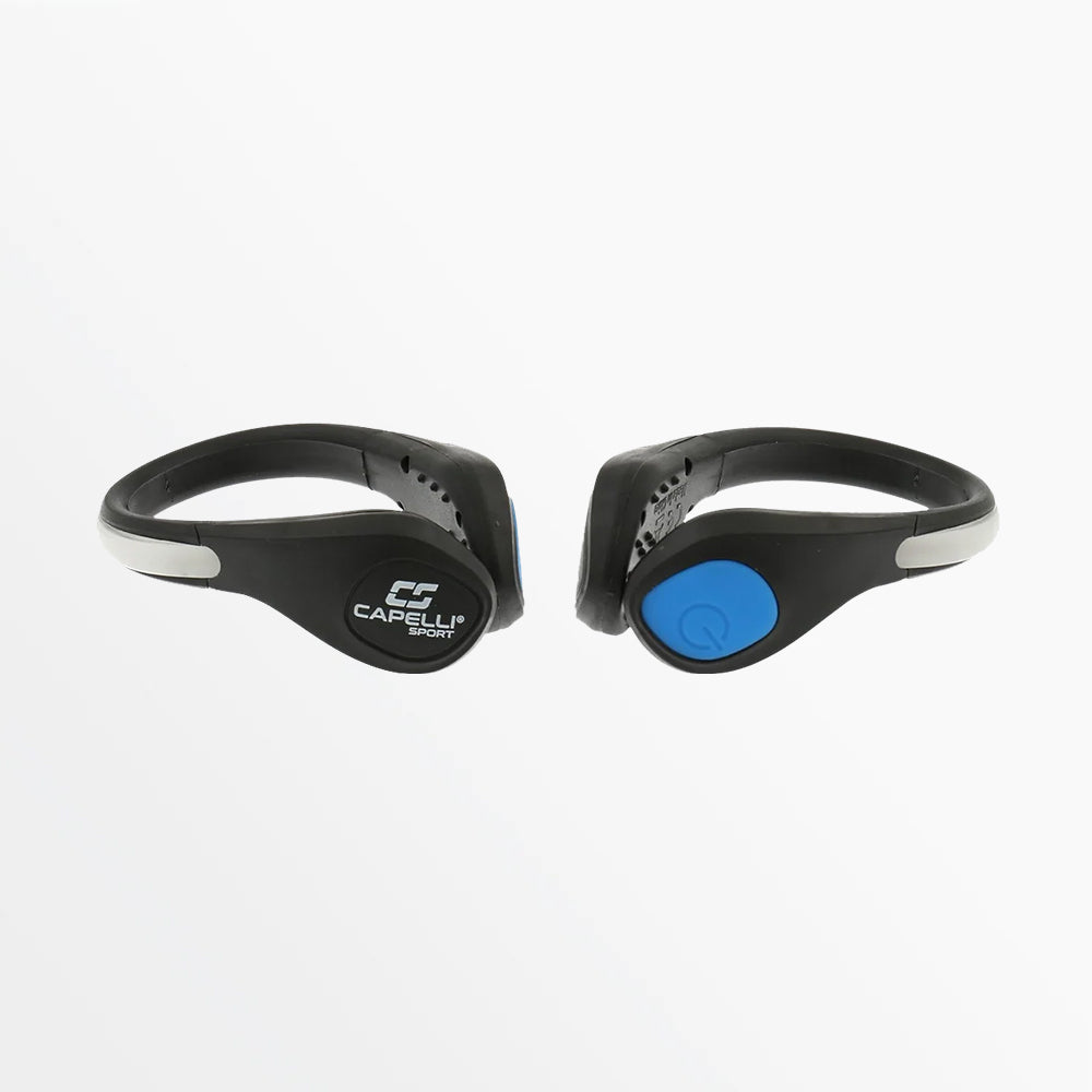 2-pack black LED sneaker clips with blue light button and logo